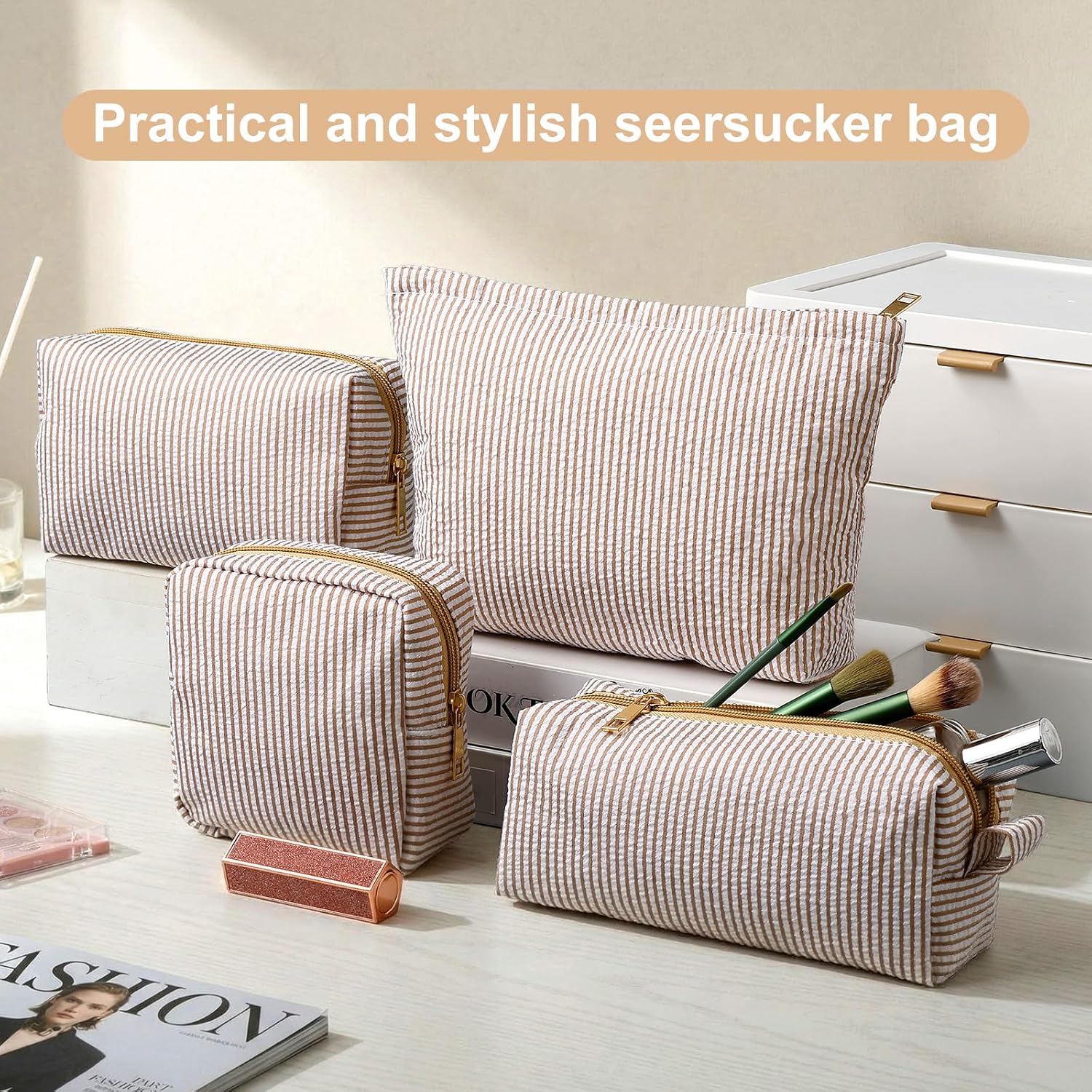 Sanwuta 4 Pcs Seersucker Pouch Cosmetic Bag Set Seersucker Makeup Bag Women Stripe Large Travel Toiletry Organizer Aesthetic Preppy Storage for Embroidery Women Bridesmaid Gifts(Khaki)