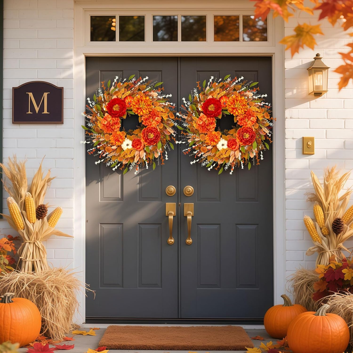 24-26Inch Fall Wreaths for Front Door,Pumpkin Wreath with Peonies Hydrangea,Large Autumn Wreath for Front Door Outside Indoors,Halloween Thanksgiving Farmhouse Fall Decorr