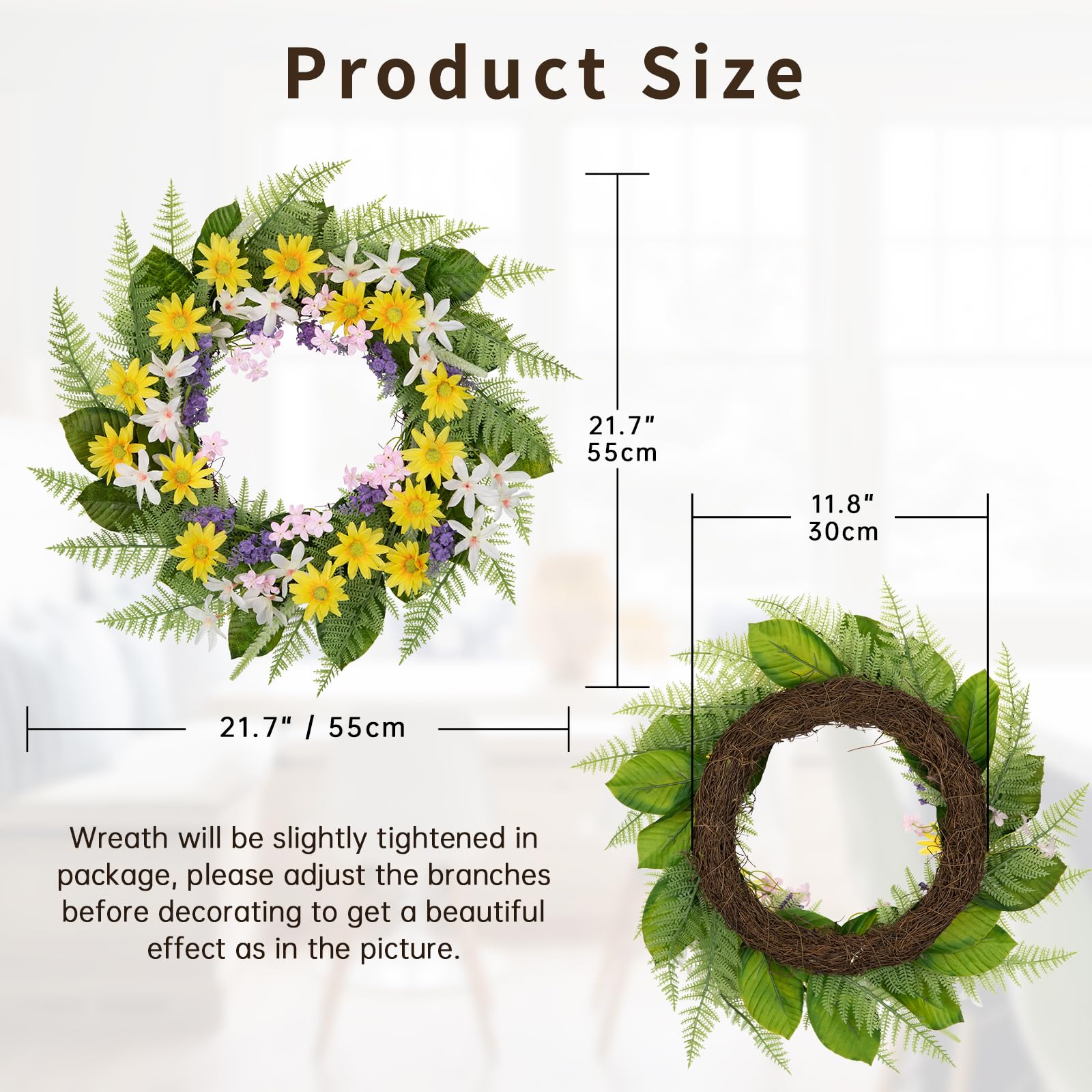 Couronne de fleurs artificielles - 51 cm - Jaune - Chrysanthème indien - Couronne de porte artificielle pour porte d'entrée, fenêtre, mur, jardin, décoration de mariage