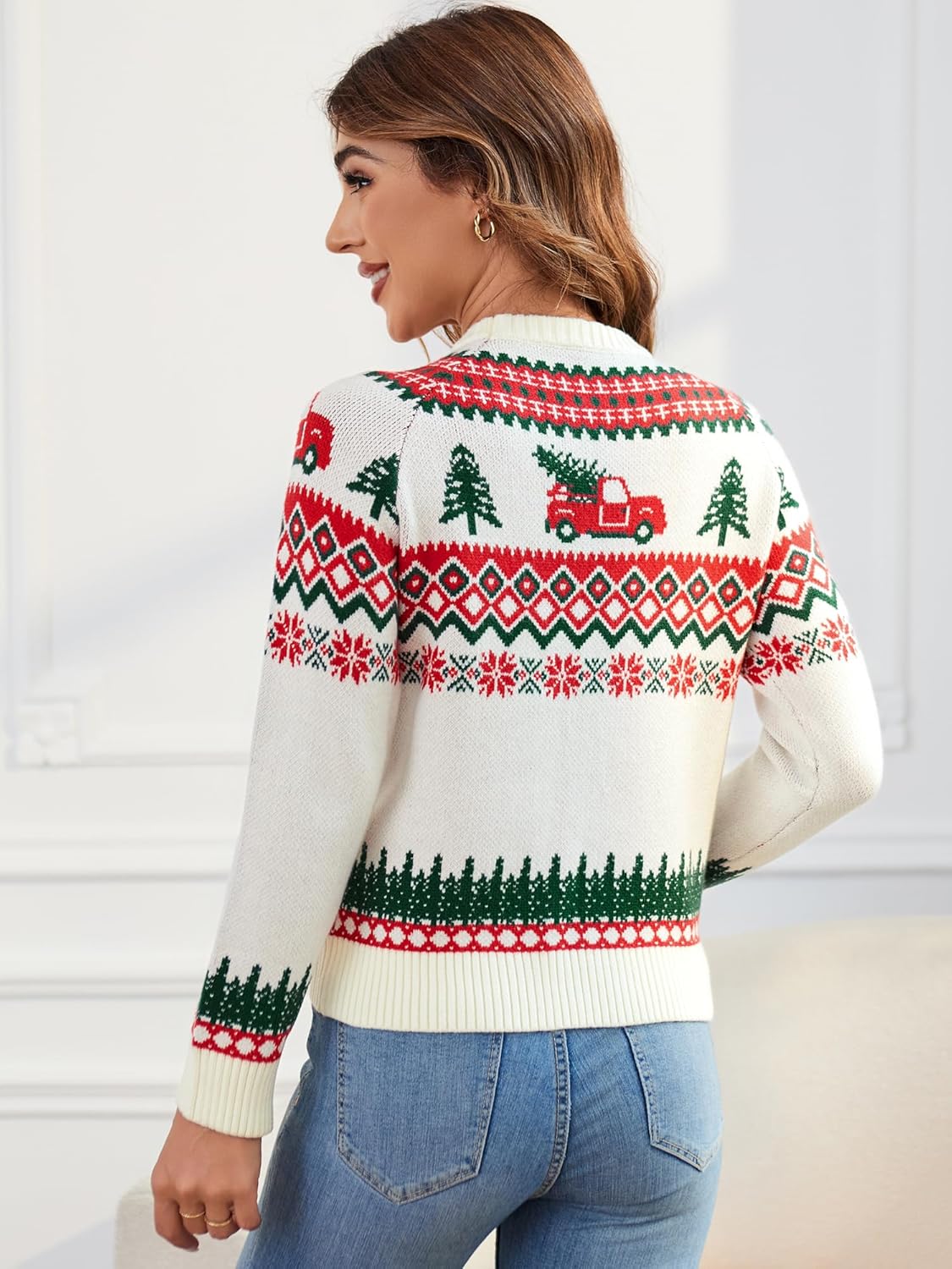 ZAFUL Women's Christmas Cedar Snowflake Trucks Patterns Knitted Sweater Long Sleeve Floral Printed Pullover Tops - Image 3
