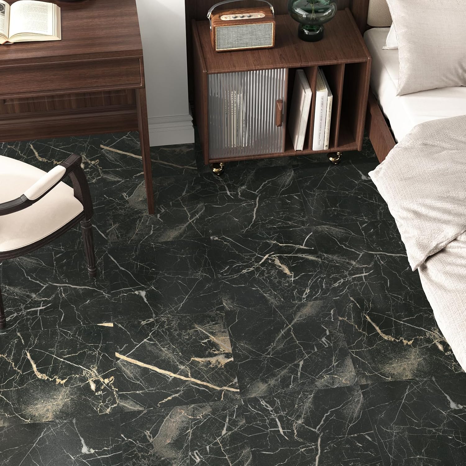20 Pack Black Marble Peel and Stick Floor Tile Self Adhesive Vinyl Flooring Tile Sticker Waterproof Stick on Floor Tiles Marble Tiles 12x12 inch Garage Floor Kitchen Laundry Room Bathroom