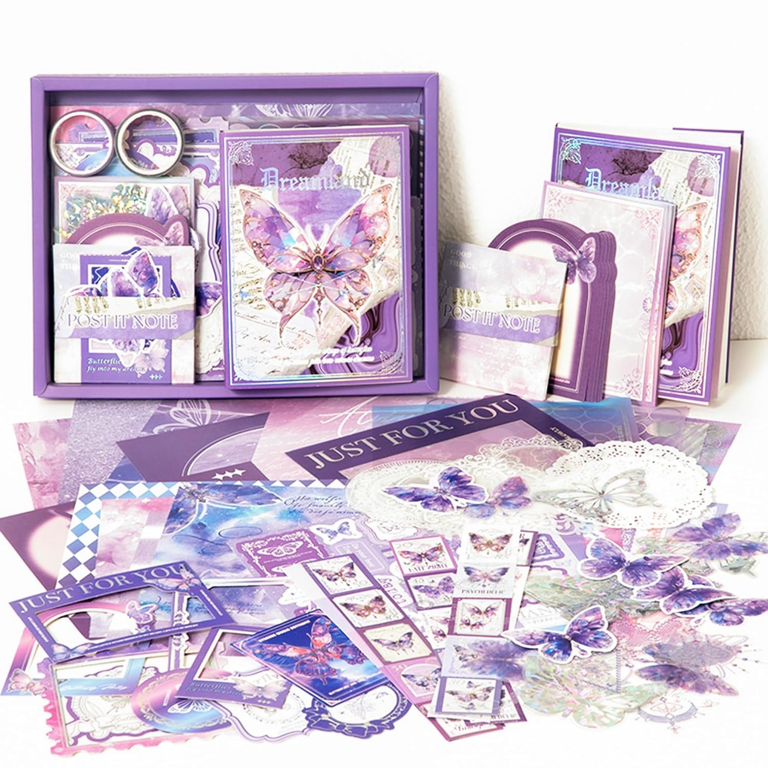 VIBE VISTA Vintage Aesthetic Scrapbook Kit,346 Pcs,A6 Grid Notebook,Washi ,Envelopes,Scrapbook Papers,Folding Labels,Background Papers,Photo Frames,Calendar Stickers,Stickers (Dreamland,Purple)