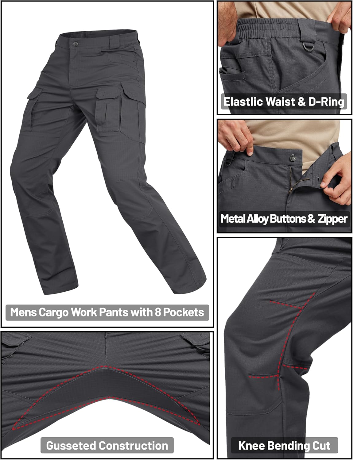 TACVASEN Mens Hiking Pants Waterproof Ripstop Lightweight Breathable Stretch Work Tactical Outdoor Pants with 8 Pockets - Image 6