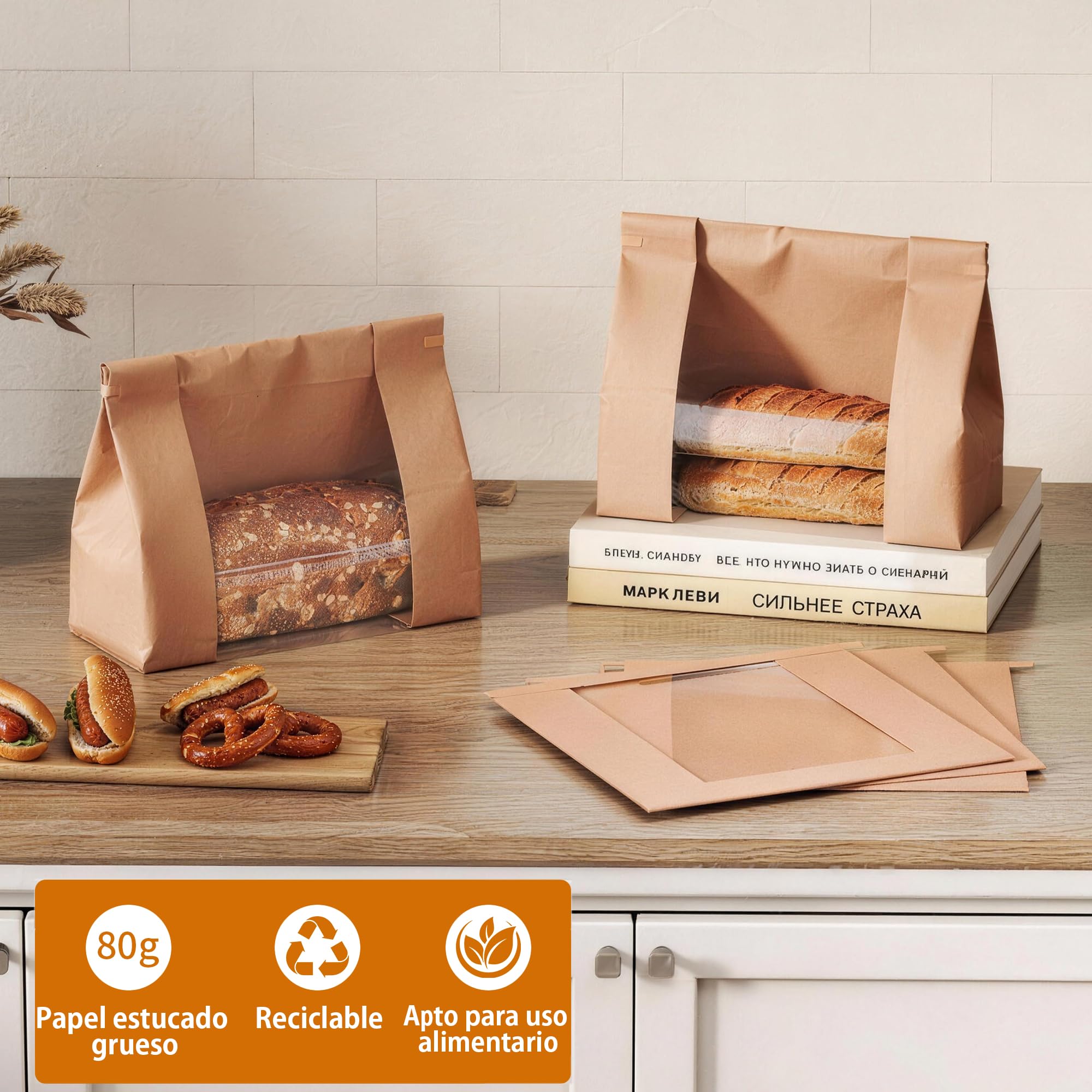 Lote de 100 Bolsas de Papel para Pan Casero, Bolsas de Panadería con Ventana Transparente, 26x11x26cm Bolsas Papel Kraft con Cierre de Alambre y Pegatinas para Tostadas, Galletas y Dulces | Bolsas de papel kraft plegables con ventana y pegatinas, 80 g/m²,