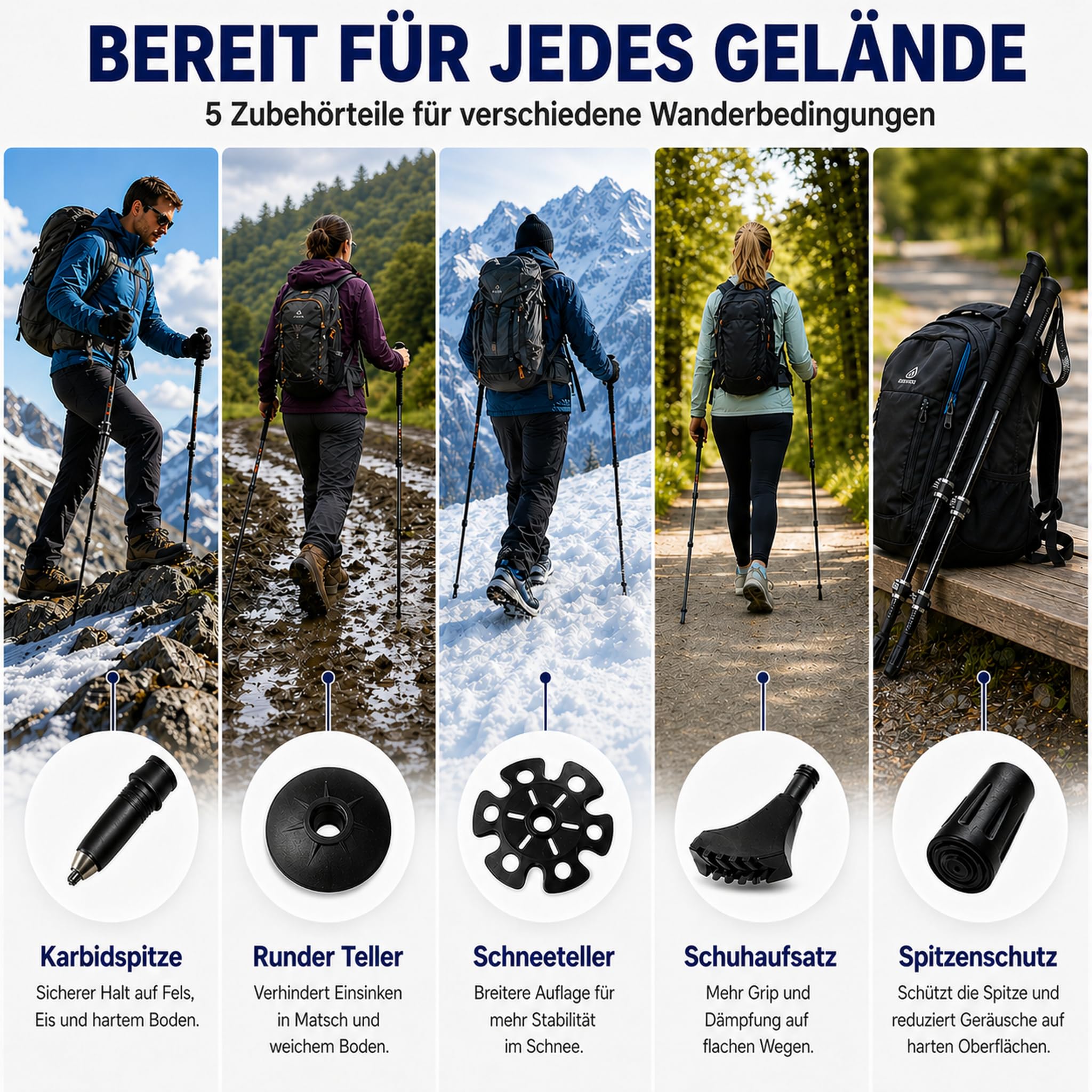 Faltbare Wanderstöcke 2 Stück aus Flugzeugaluminium mit Fliplocks | Leichte Trekkingstöcke mit Anti-Schock-System, Korkschaumgriffen & Zubehör für Wandern, Trekking, Camping und Reisen