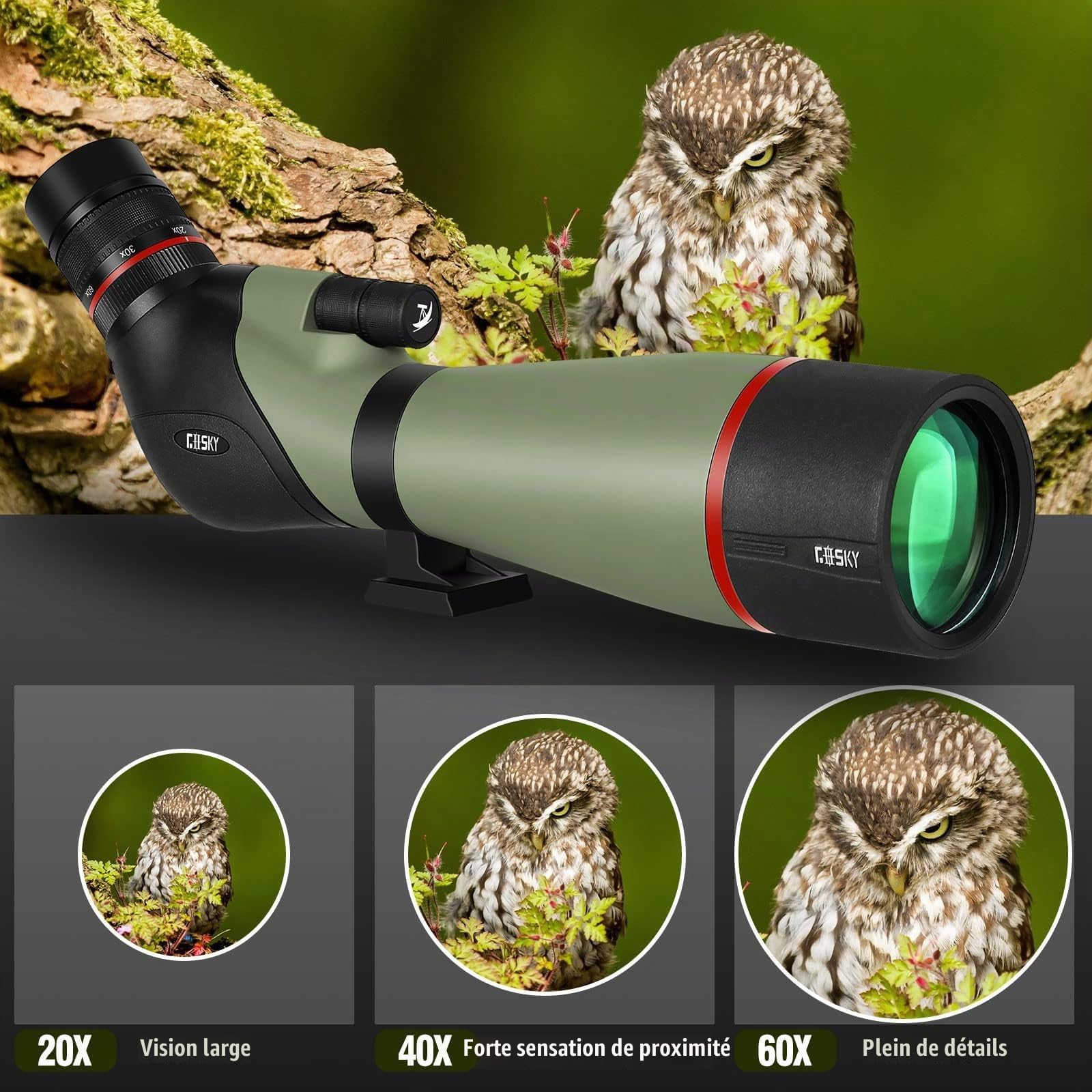 Gosky 20-60x80 Longue Vue - Télescope à Angle BAK4 - La Plus récente Lunette de visée étanche pour tir à la Cible