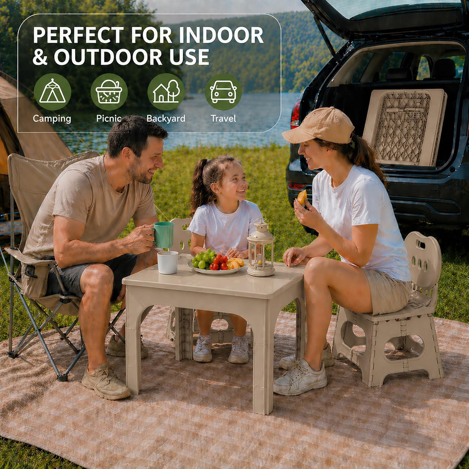 UNICOO Foldable Kids Table and 2 Chairs Set, Portable Height Adjustable Toddler Activity Table, Indoor Outdoor Folding Table Set for Study, Crafts, Snack, Picnic, Playroom and Patio