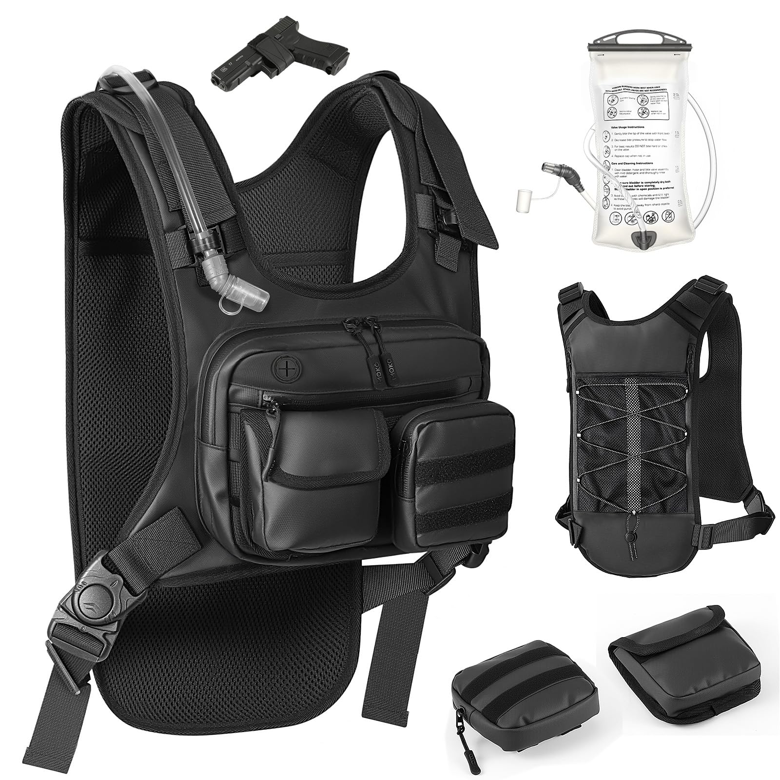 MoKo Running Hydration Vest with 2L Water Bladder, Lightweight Chest Pack Reflective Water Backpack with Gear Holder, Detachable 2×Small Pockets for Men Women Marathon, Hiking, Biking, Running, Black