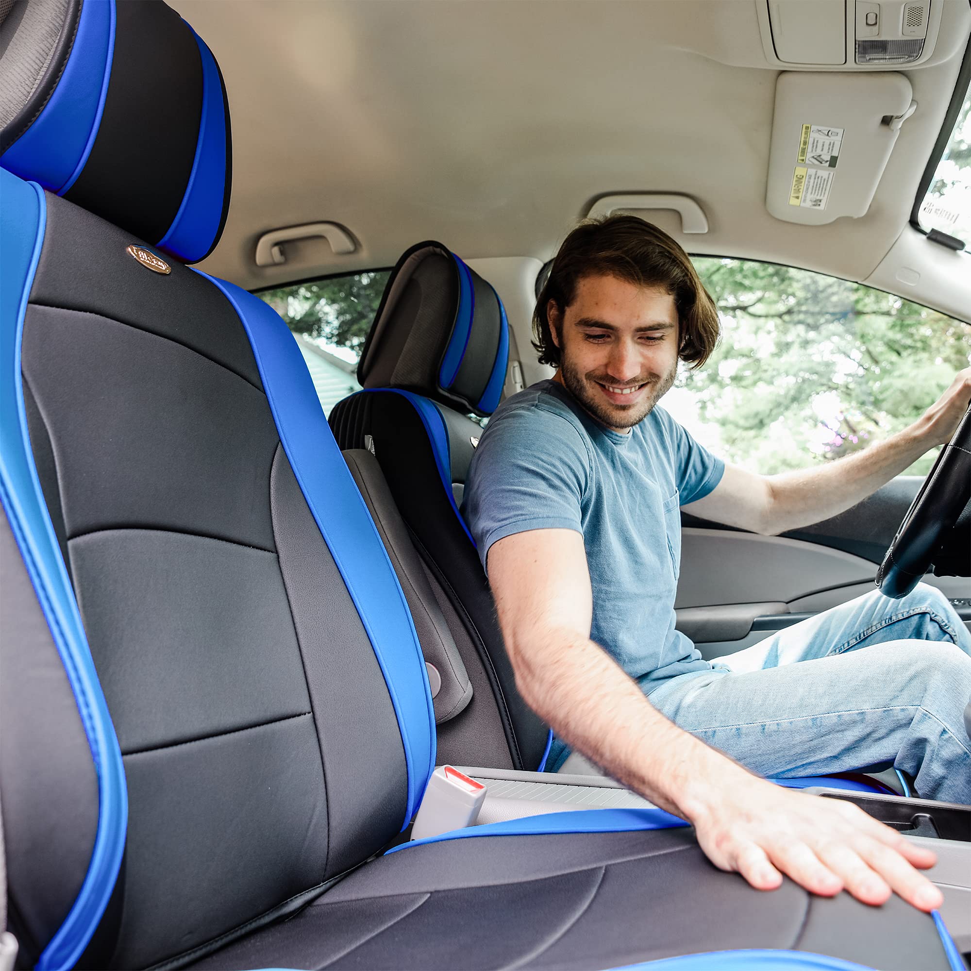 TLH Ultra Comfort Leatherette Blue Black Seat Cushions Full Set w/Non Slip Dash Mat, Universal Fit for Cars, Auto, Trucks, SUV, Faux Leather Car Seat Cushions, Waterproof Car Seat Cover Cushion