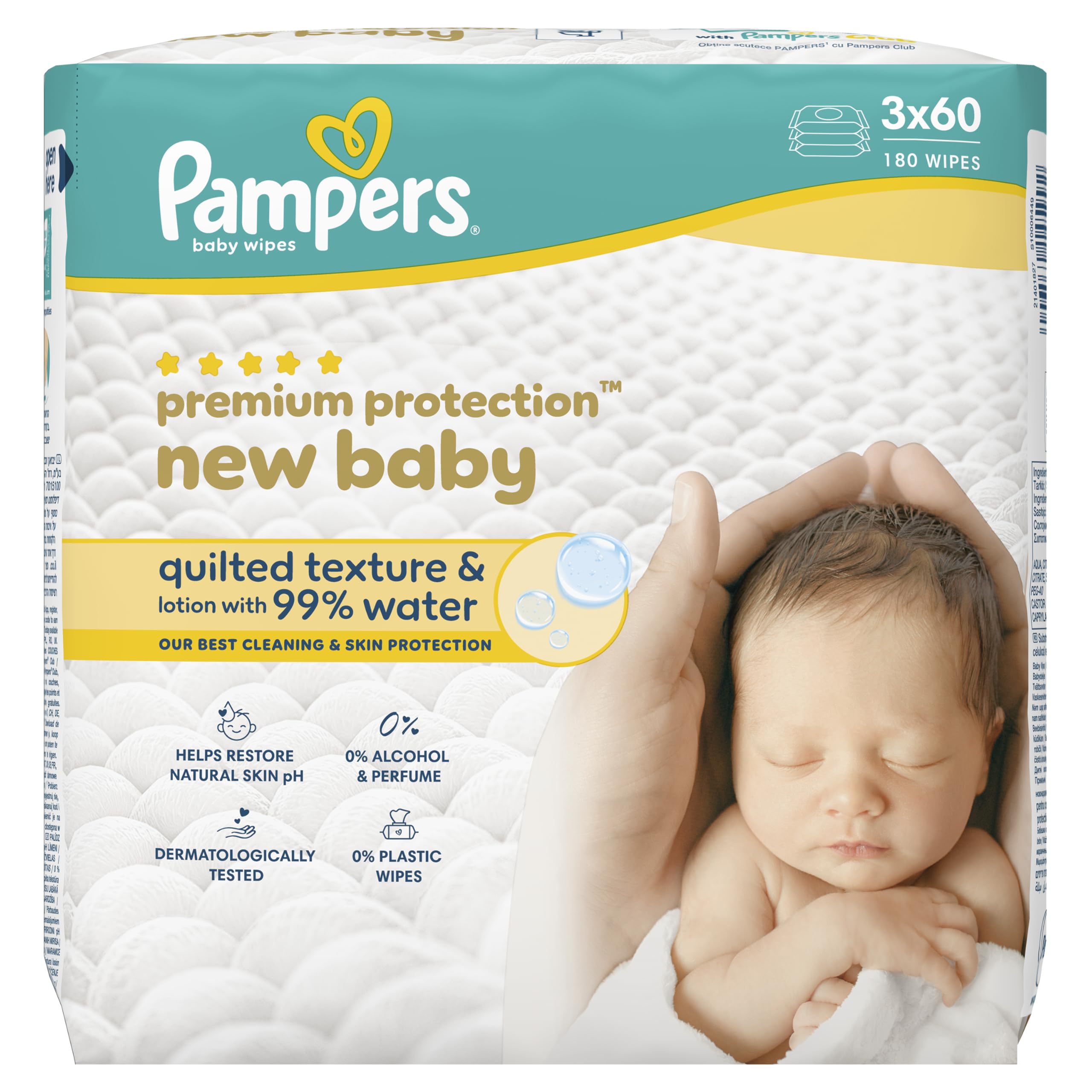 Pampers Premium Protection New Baby Wipes Plastic Free, 3 Packs of 60 Wipes = 180 Baby Wet Wipes, Quilted Texture, Lotion With 99% Water