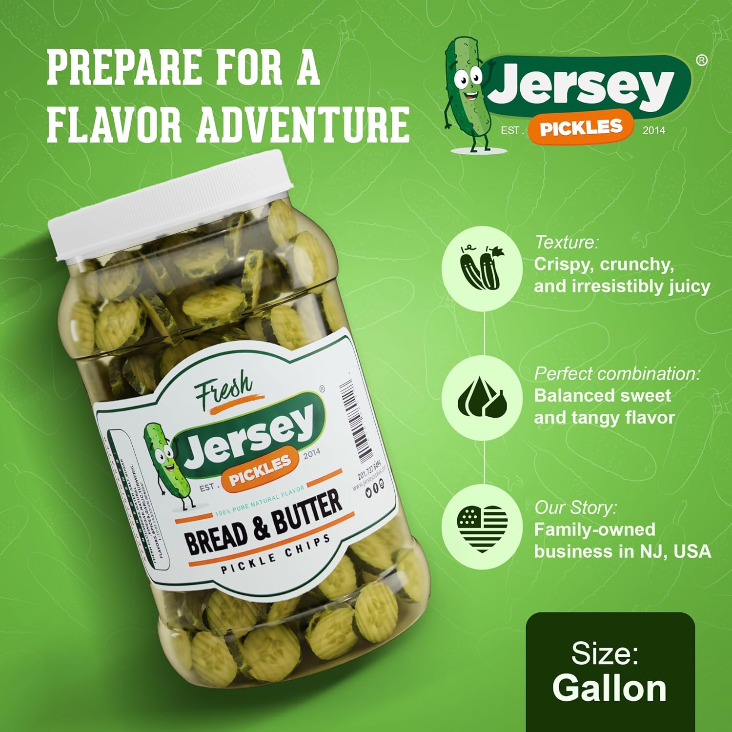 Jersey Pickles - Bread and Butter Pickled Chips (Gallon) - Fresh, Keto-Friendly, and Perfect for Snacks, Sandwiches, or Salads – The perfect Pickle Jars Cornichon for Families or Gatherings