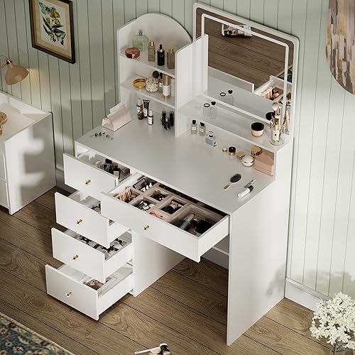 Miniatura 2 de Mesa de maquillaje moderna con espejo iluminado LED, escritorio de tocador con 5 cajones, 3 modelos de iluminación ajustables de brillo, tocador