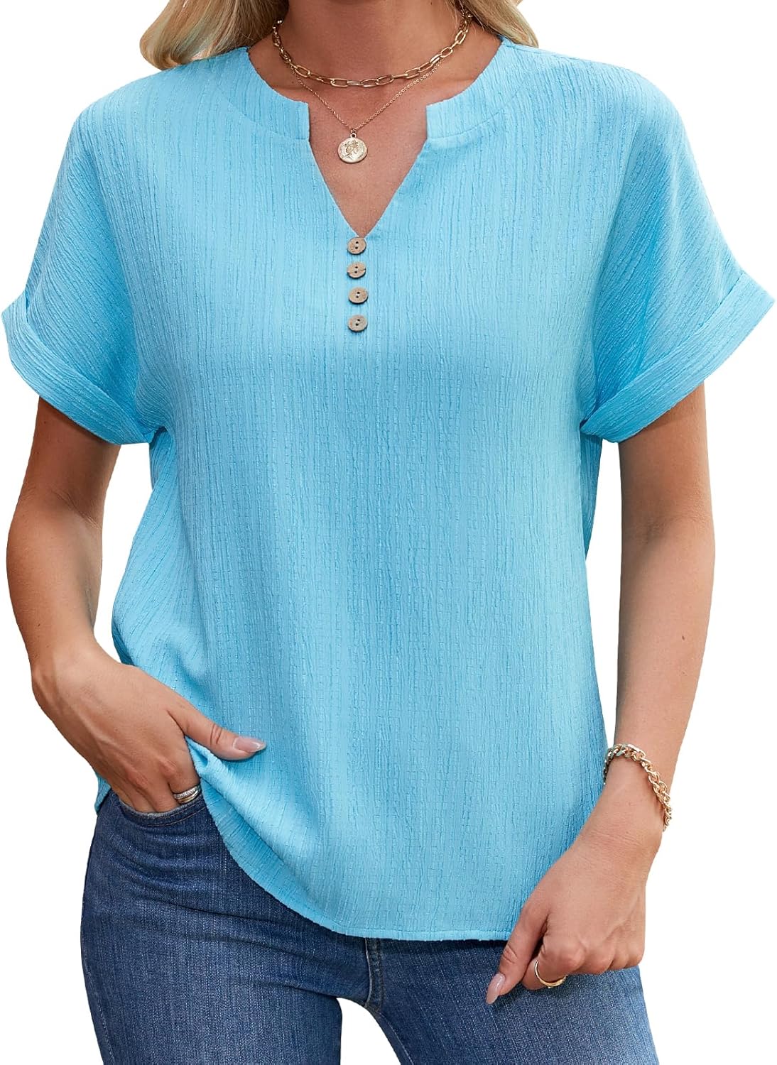 Womens Summer Tops Trendy 2025 Short Sleeve Shirts V Neck Blouse Textured Beach Vacation Clothes