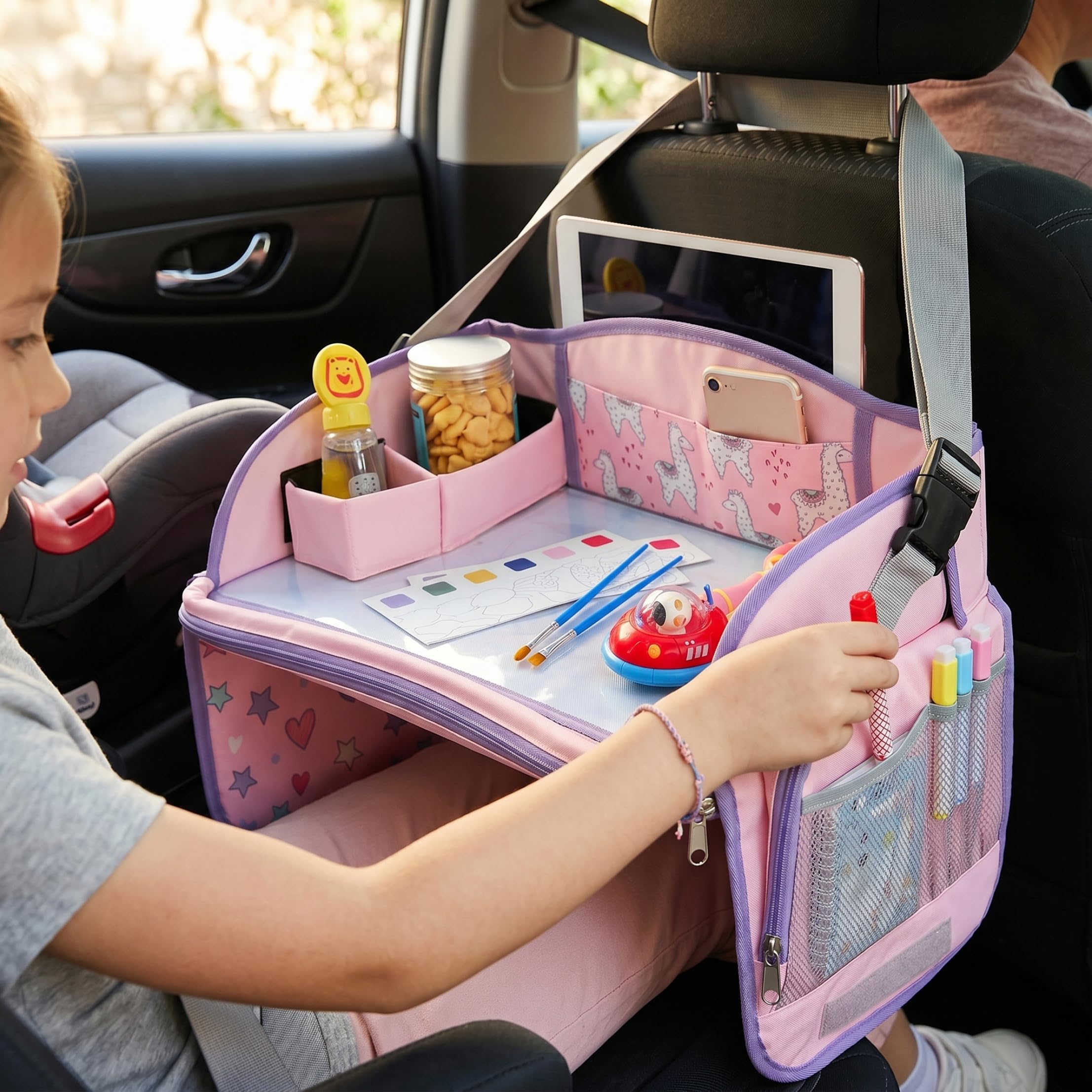 Vassoio da viaggio per bambini in auto da 1 confezione, vassoio pieghevole per seggiolino auto compatibile con touchscreen con portaoggetti, Style-2