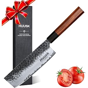 Huusk Japanese Nakiri Knife - 7 Inch Vegetable Cleaver Kitchen Knife with Gift Box, Hand Forged High Carbon Stainless Steel Chef Knives with Ergonomic Rosewood Handle, Ideal Gift for Men and Women
