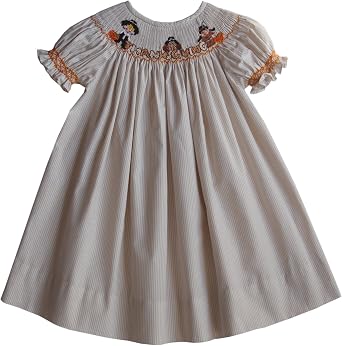 Carouselwear Thanksgiving Day Girls Bishop Dress with Smocked Turkey & Pilgrims