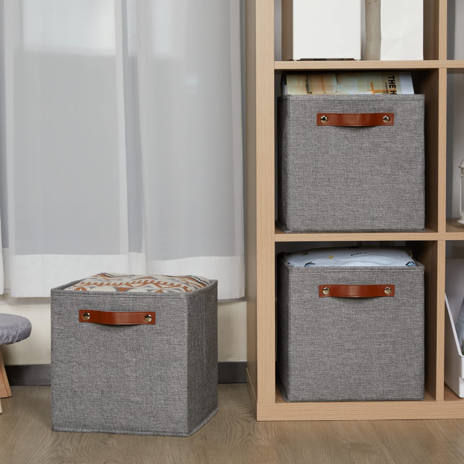 Set 4 Ceste Pieghevoli In Tela HNZIGE 28x28x28 Cm | Contenitori Cubici Con Manici In Pelle | Beige Per Scaffali E Asili