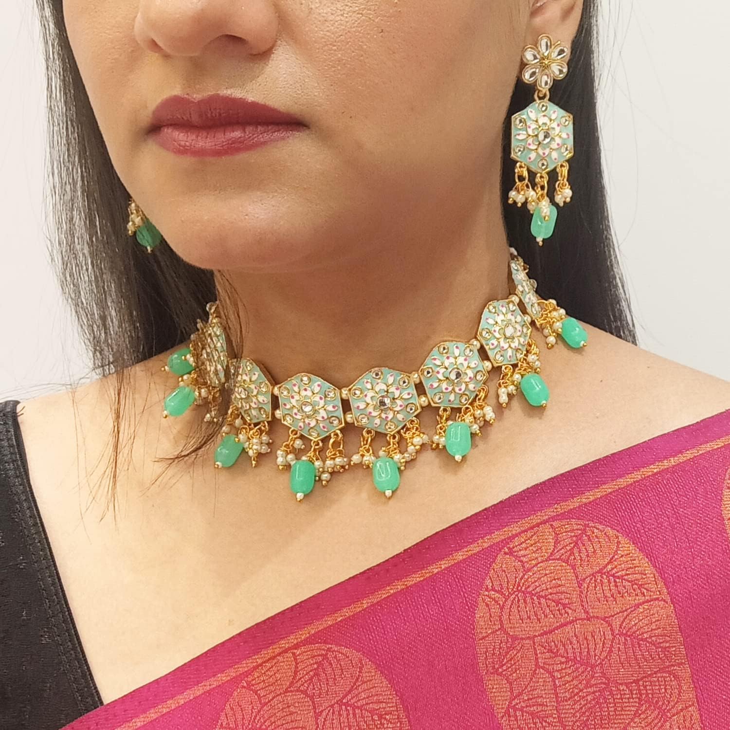 Efulgenz Meenakari Choker Set Indian Jewelry Crystal Kundan Faux Pearl Choker Necklace Earrings Maang Tikka Wedding Bollywood Bridal Jewelry Set for Women