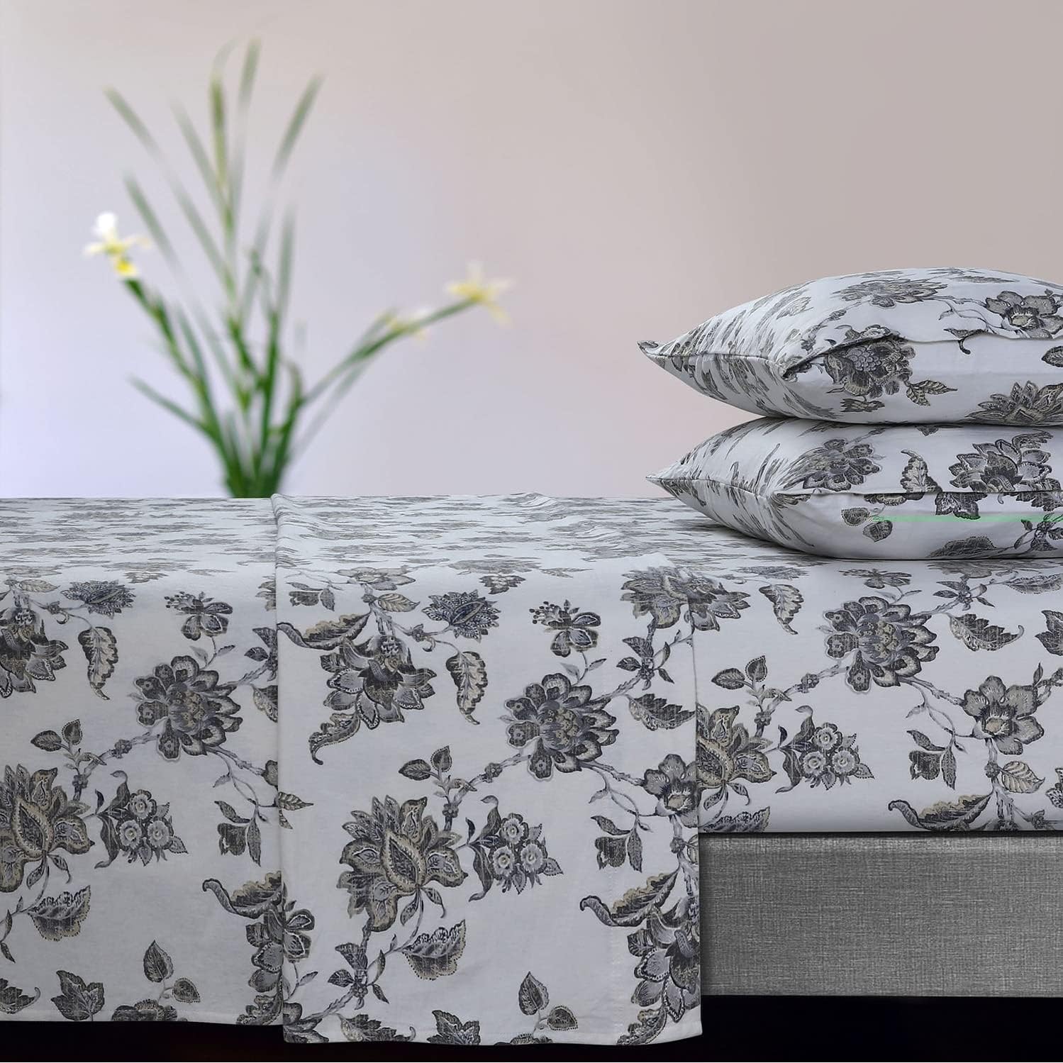 Tribeca Living Katy Floral 170-GSM Flannel Extra Deep Pocket Sheet Set King Green, (KATYSHEKIBL)