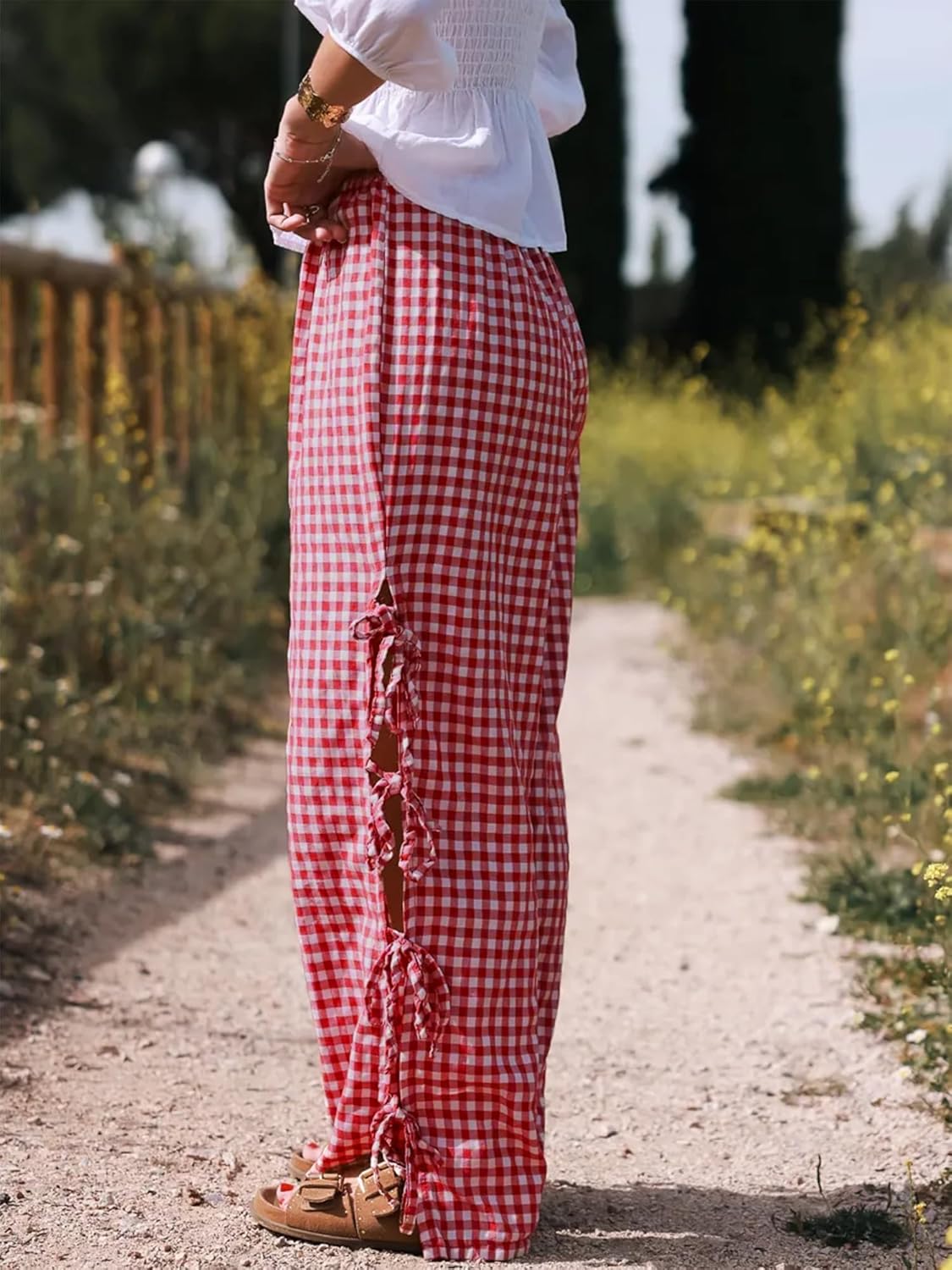 Sunloudy Women Y2K Wide Leg Gingham Pants Elastic High Waist Side Tie Loose Fit Plaid Trouser Lounge Pants - Image 3