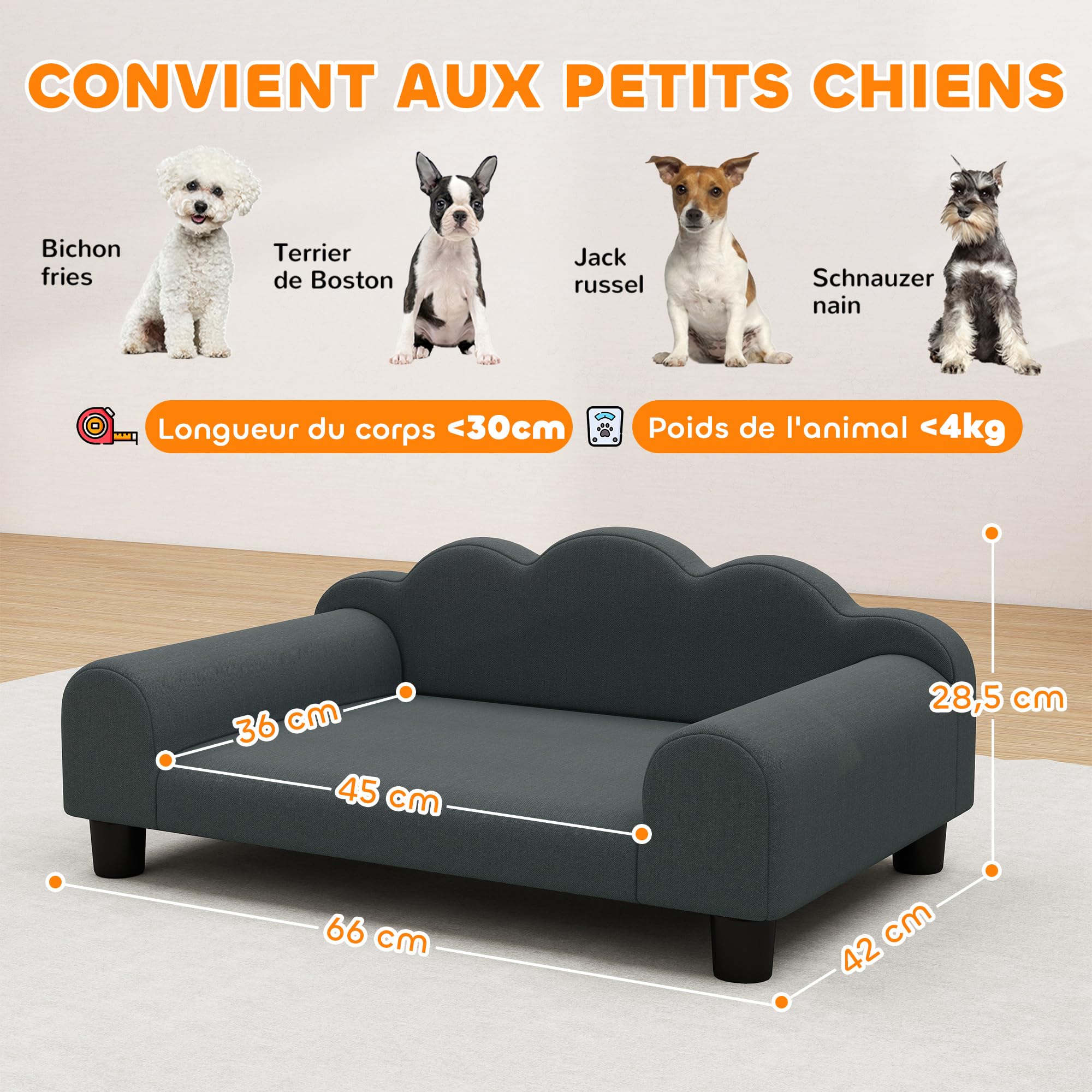 PawHut Canapé pour Chien, canapé pour Animal de Compagnie avec Dossier et accoudoirs, Respirant, pour Petits Chiens d'intérieur, 66 x 42 x 28,5 cm, Gris foncé