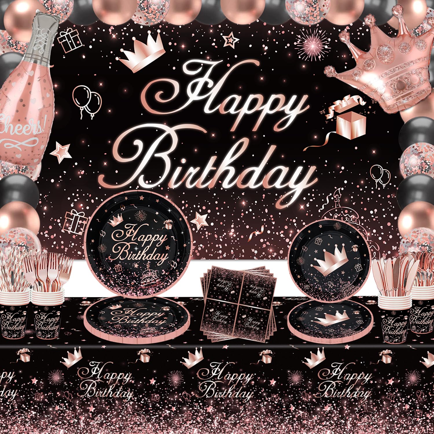 211 PCS Black and Rose Gold Party Decoration Rose Gold & Black Party Supplies Birthday Dinnerware Set-Plates, Backdrop, Balloon, Tablecloth Serves 20