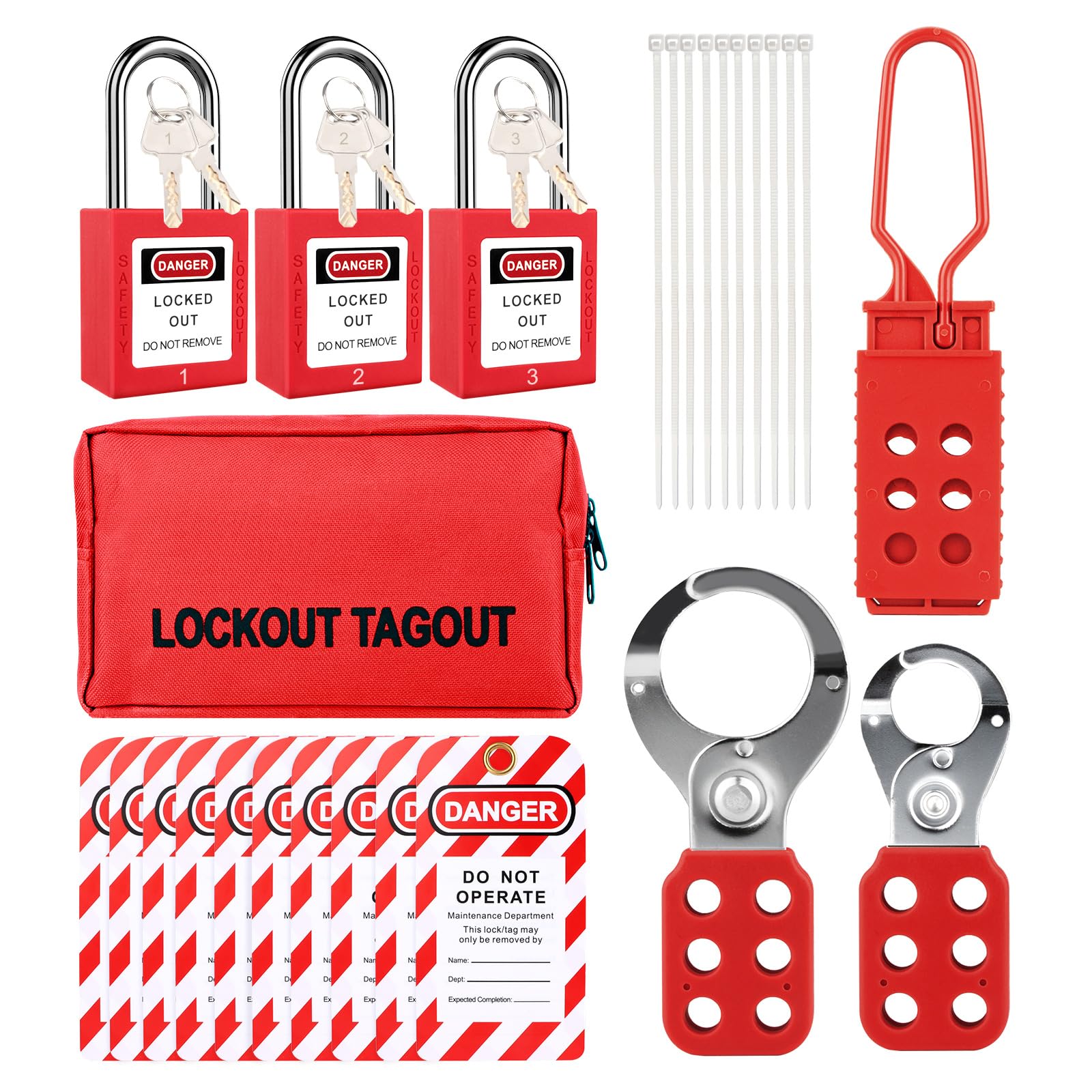 Anskyloe Lockout Tagout Kit-Group Lockout Hasps,3 Red Safety Padlocks with Numbering,Loto Tags, Nylon Ties with Pocket Bag-2 Keys Per Lock
