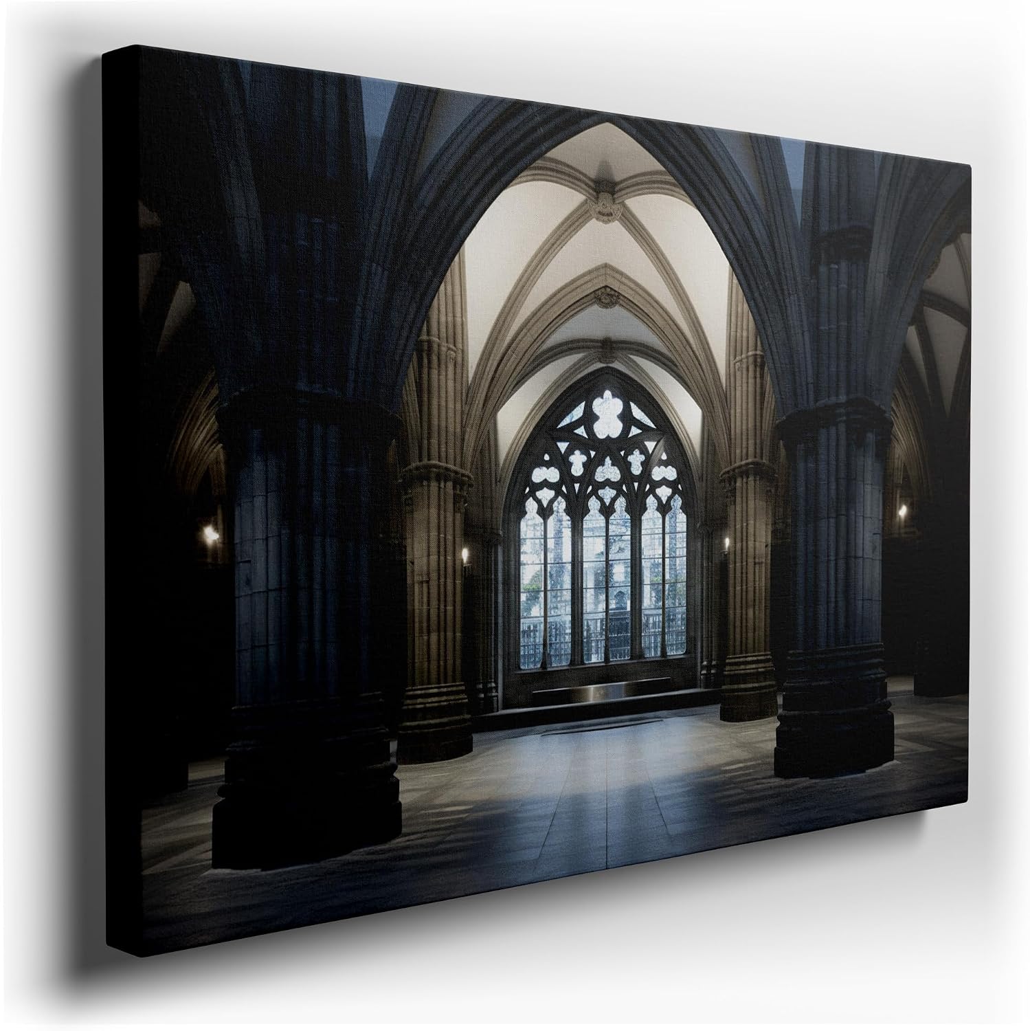 Canvas for Living room. Whispers of Grandeur in the Silent Stone Hallway - A Dance of Light and Shadows, 27 x 18 inch Canvas Wall Art - Ready to Hang