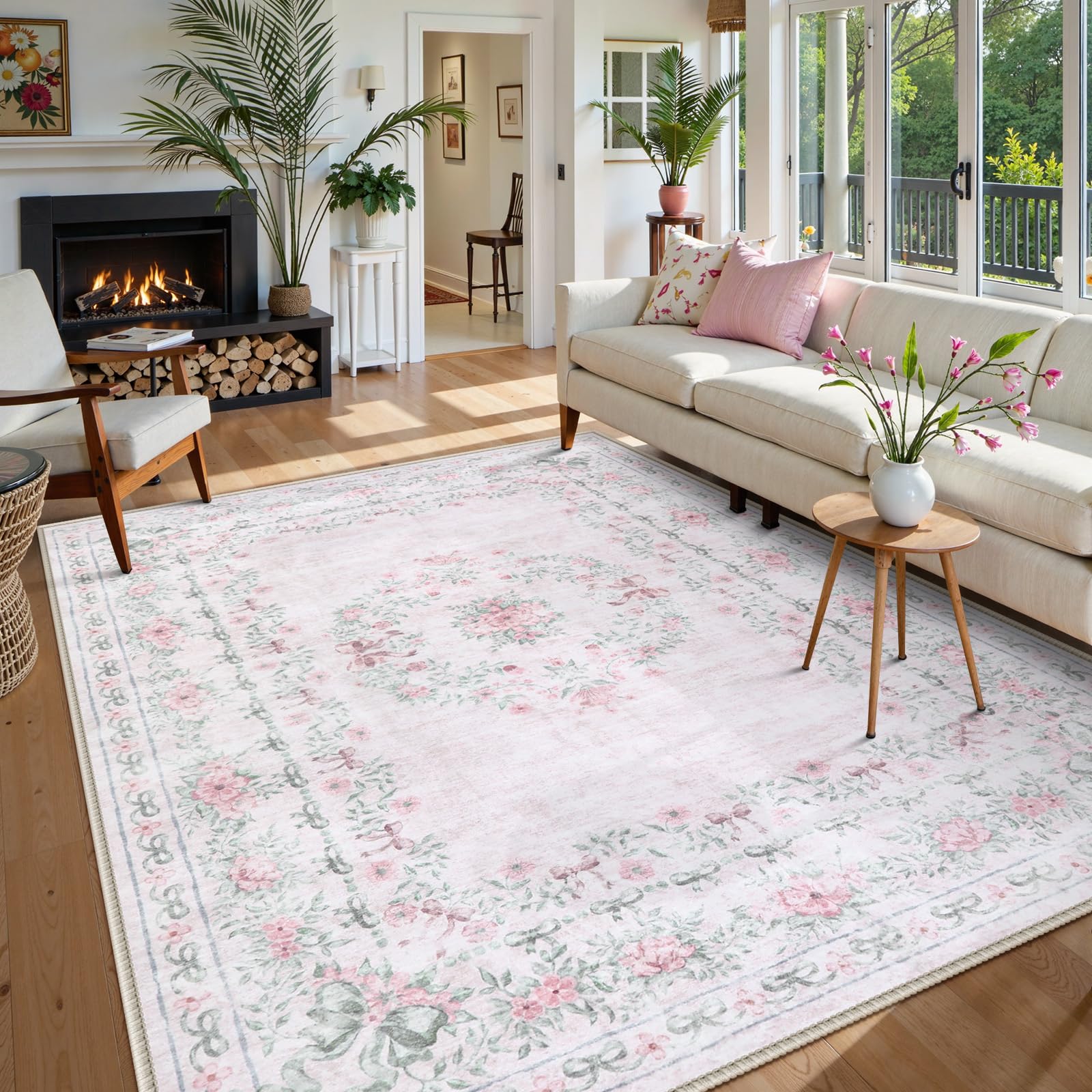 Wonnitar Floral Bow Print 8x10 Area Rugs, Washable Pink Rugs for Bedroom Girls, Boho Ultra-Thin Soft Non Slip Carpet for Nursery Living Room Kids Room