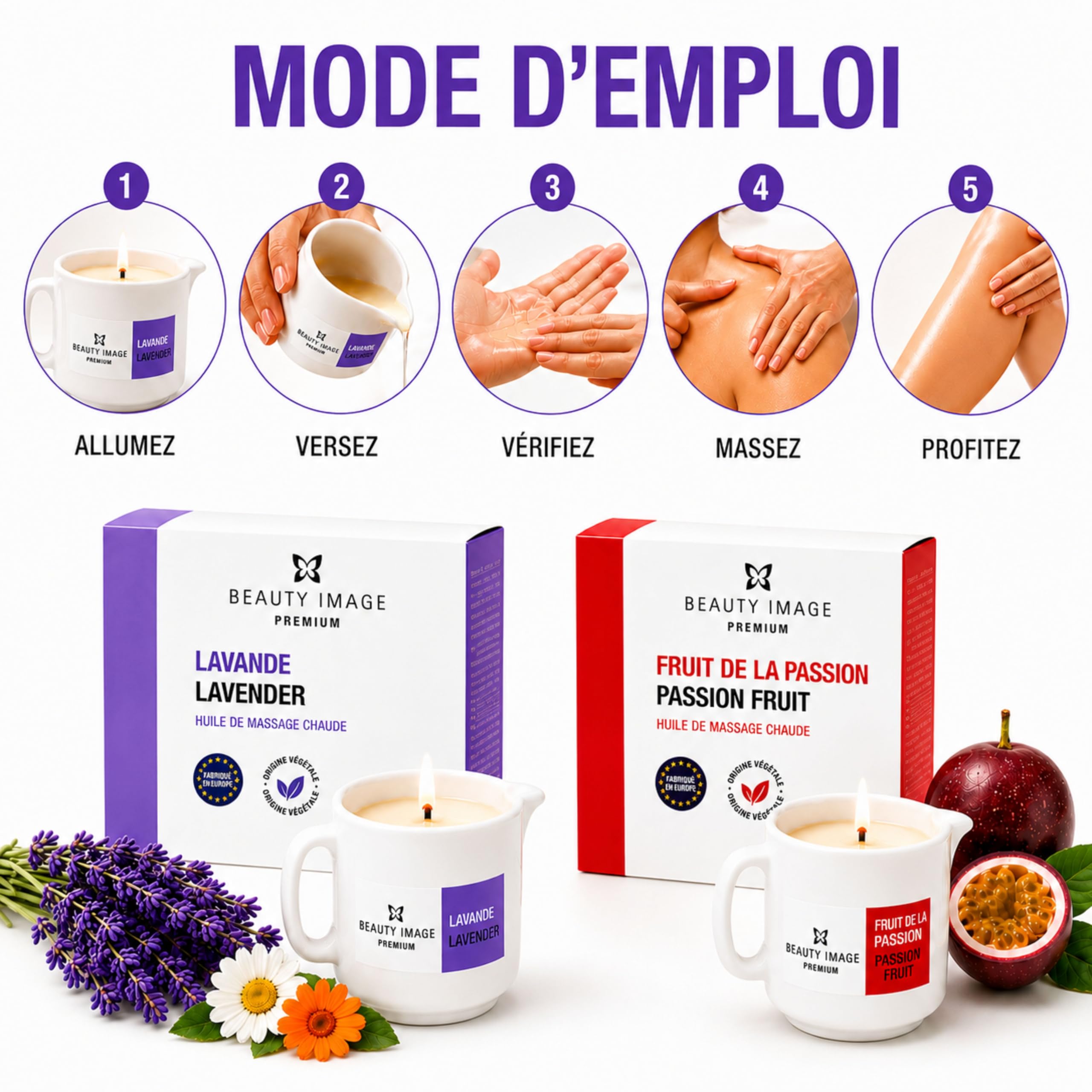 BEAUTY IMAGE Pack de 2 Grandes Bougies de Massage - Fruit de la Passion - Lavande [80 gr de 4 à 5 Massages Corporels par Bougie]. Huile Chaude pour Massage Professionnel. Qualité Fabriqué en Europe.