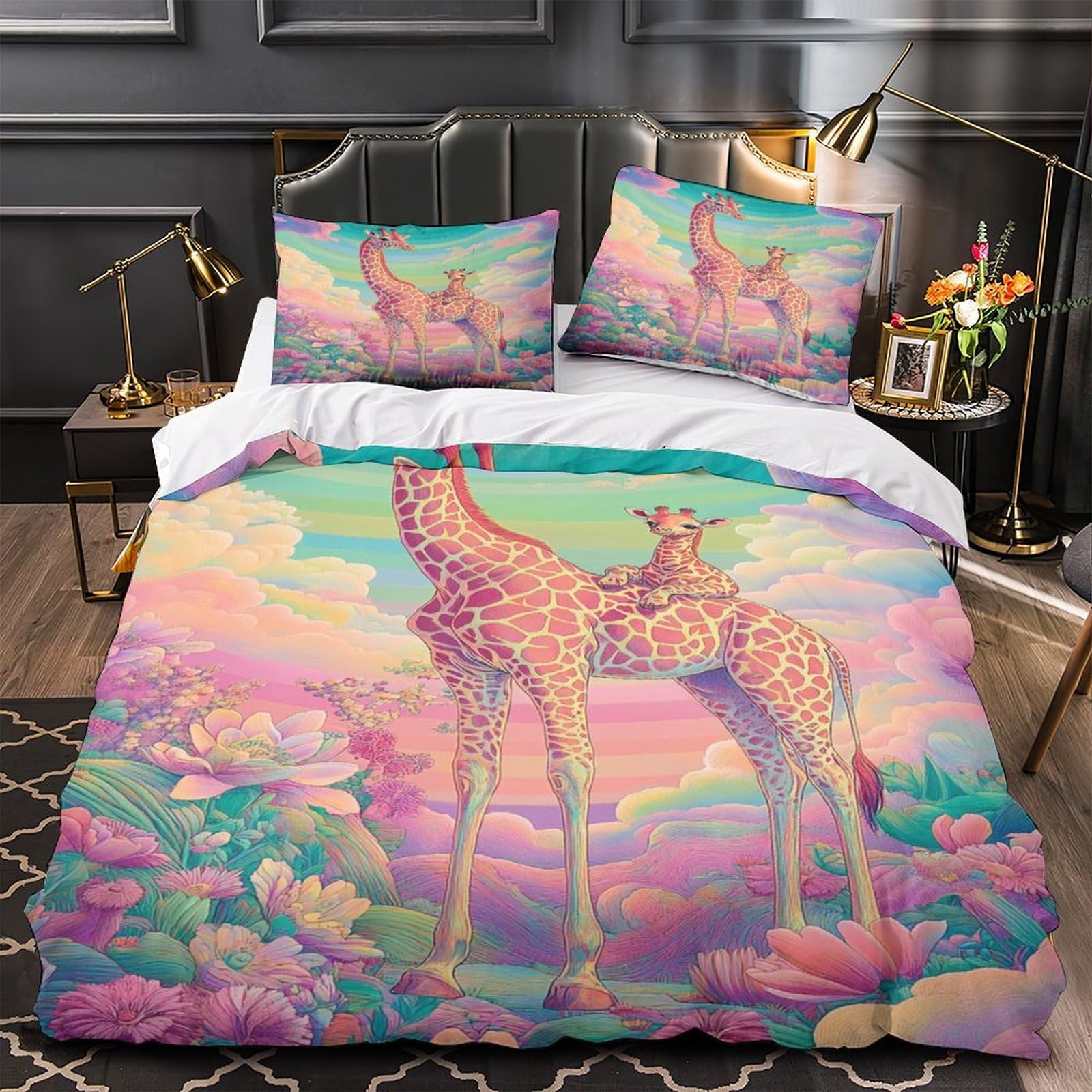Housse de couette girafe 3D double 200x200 avec 2 taies d'oreiller en microfibre pour enfant