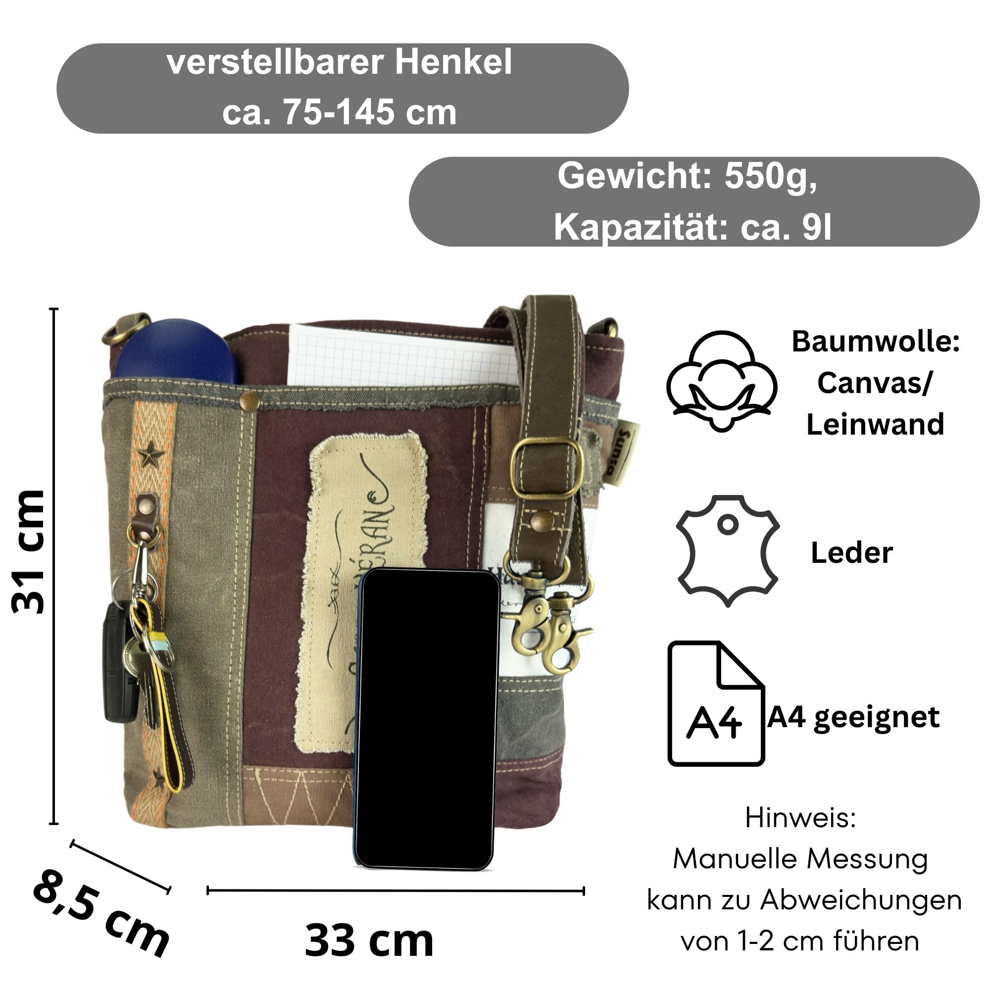 Sunsa Umhängetasche. Große Damen Tasche aus Canvas & Leder, braun khaki