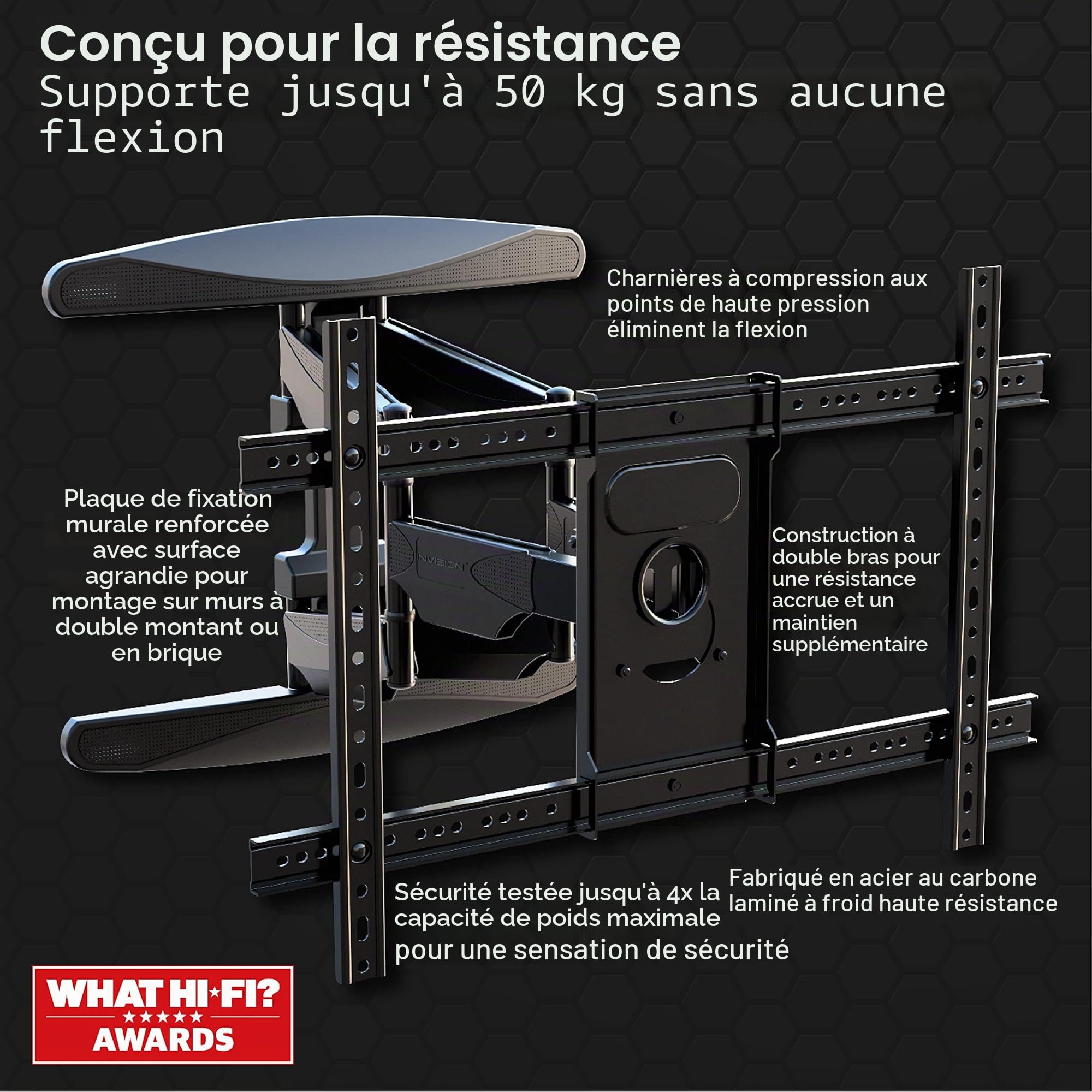 Invision Support TV Mural Bras Double pour 37 à 75 Pouces Écrans, Ultra Forte Inclinable Orientable et Étendre avec Niveau à Bulle, VESA 200x200mm à 600mm(l) x 400mm(h), Jusqu'à 50kg (DXL-IA)