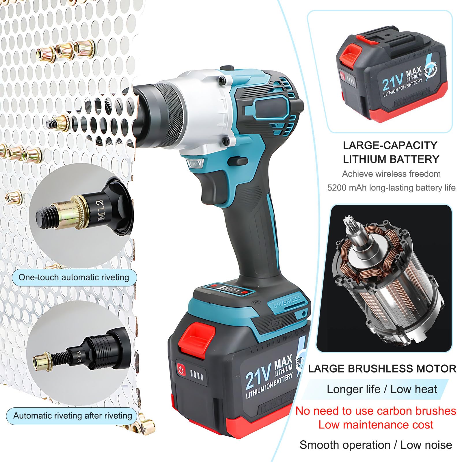 Remachadora inalámbrica portátil y Remachadora de Tuercas, Remachadora eléctrica con batería de 21 V para un Montaje rápido de Tuercas M3, M4, M5, M6, M8, M10 y M12 en Acero.