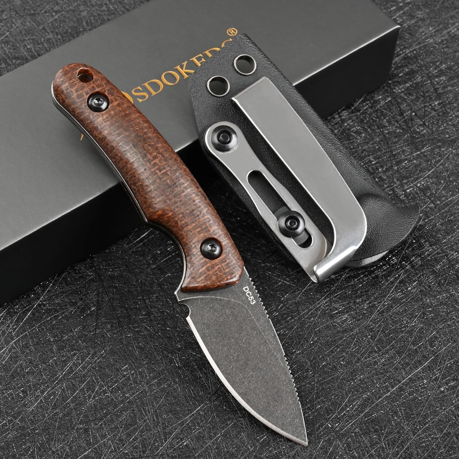 Knives DC53 Steel Tactical Hunting Small Fixed Blade Knife Micarta Handle with kydex sheath for Men EDC Outdoor Camping Survival (Black+Brown)