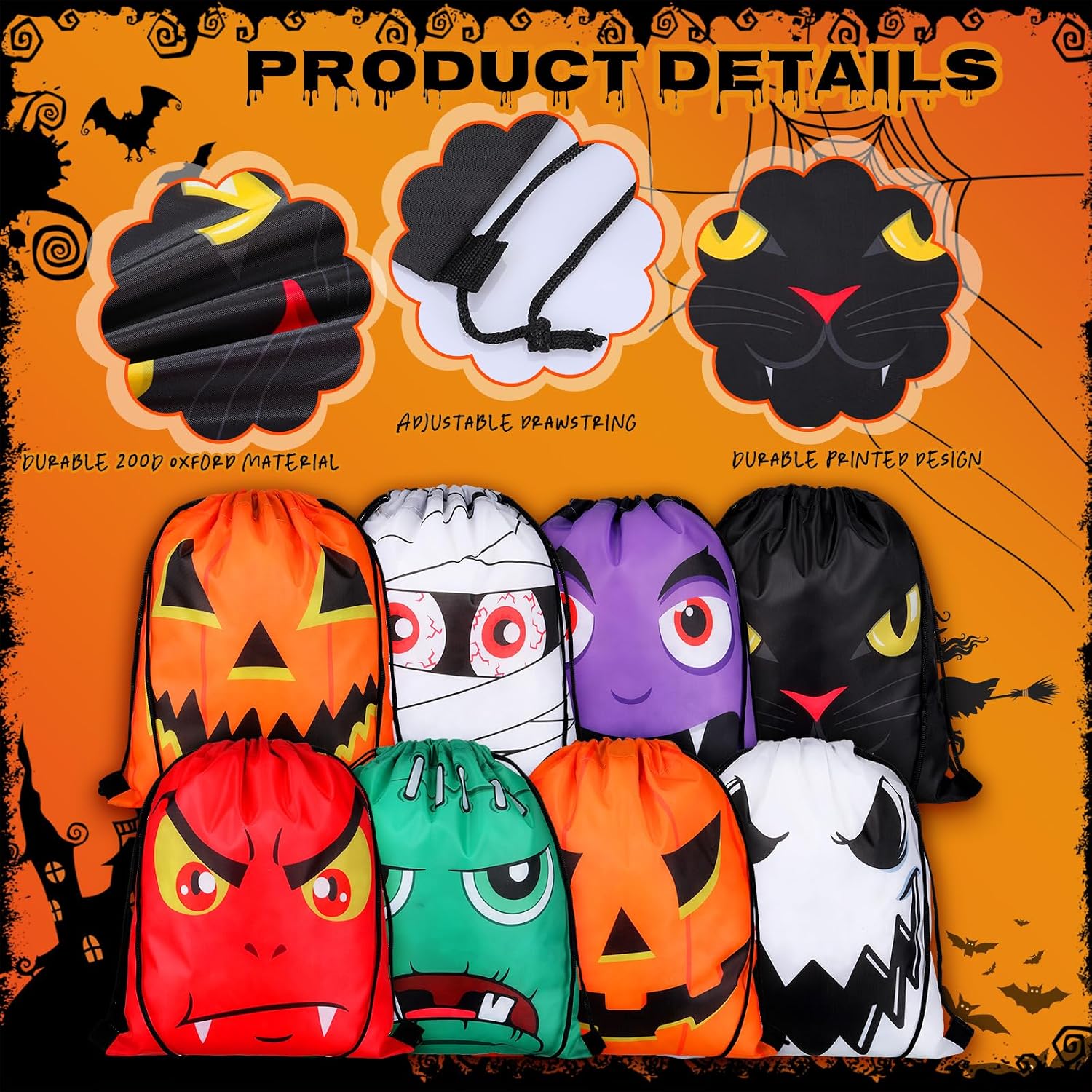Paterr 24 Pcs Halloween Drawstring Bags Bulk Pumpkin Backpack Halloween Folding String Sack Bags for Teens Travel Gym Sports Birthday Party Supplies Gifts, 8 Styles(Cute Style)