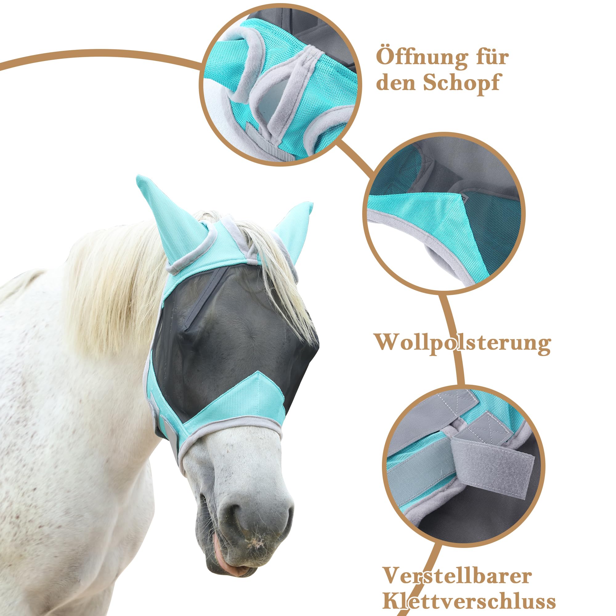 Fliegenmaske Pferd mit Ohren – leichtes Mesh, atmungsaktiv, UV-Schutz, weich gepolstert & bequem, verstellbar Hellgrün Pony