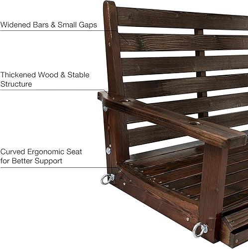 Miniatura 8 de Columpio de madera para porche, asiento ergonómico, columpio de banco con cadenas colgantes y resortes de 0.276 in, resistente, 880 libras, para