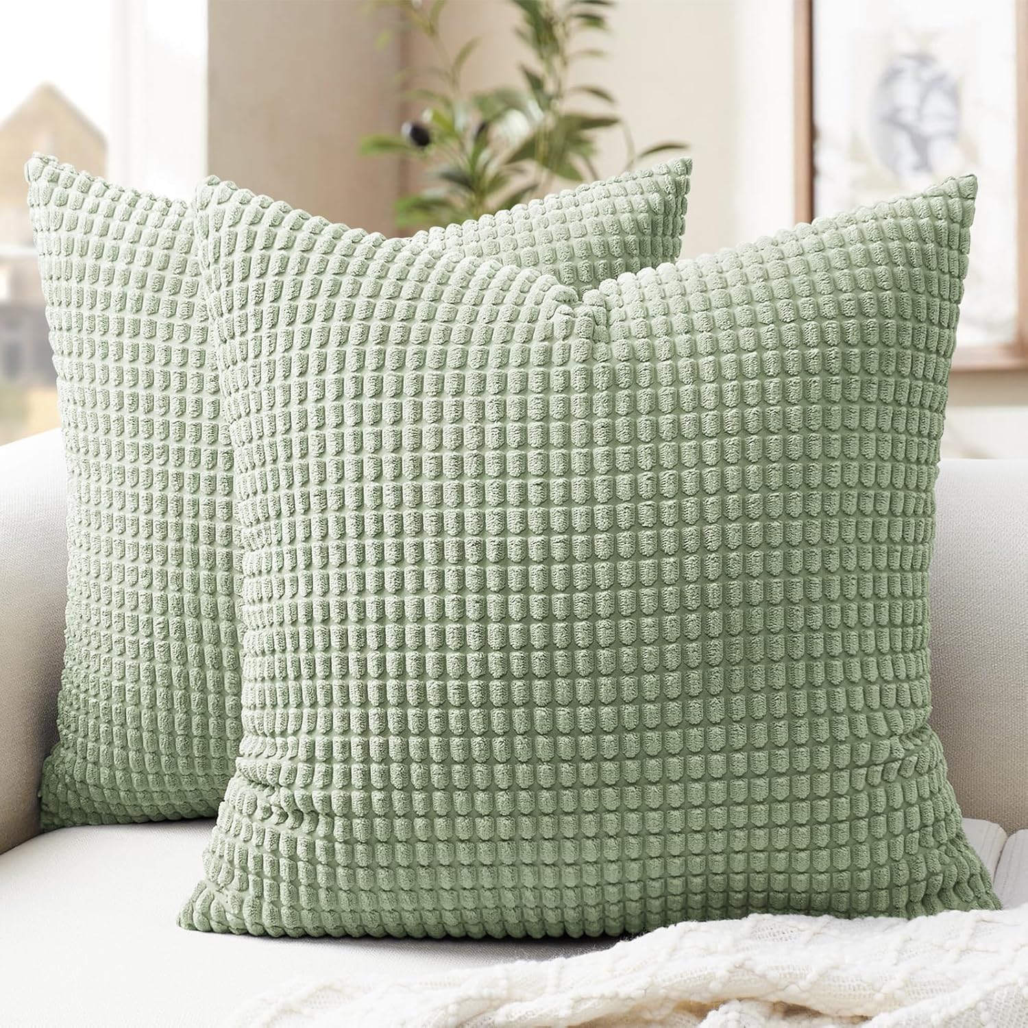 Softalker Throw Pillow Covers 18x18 Inch, Set of 2, Soft Corduroy Boho Stripe Decorative Pillow Cover, Couch Fluffy Pillow Cover for Farmhouse Home Decor Bed Living Room, Sage Green