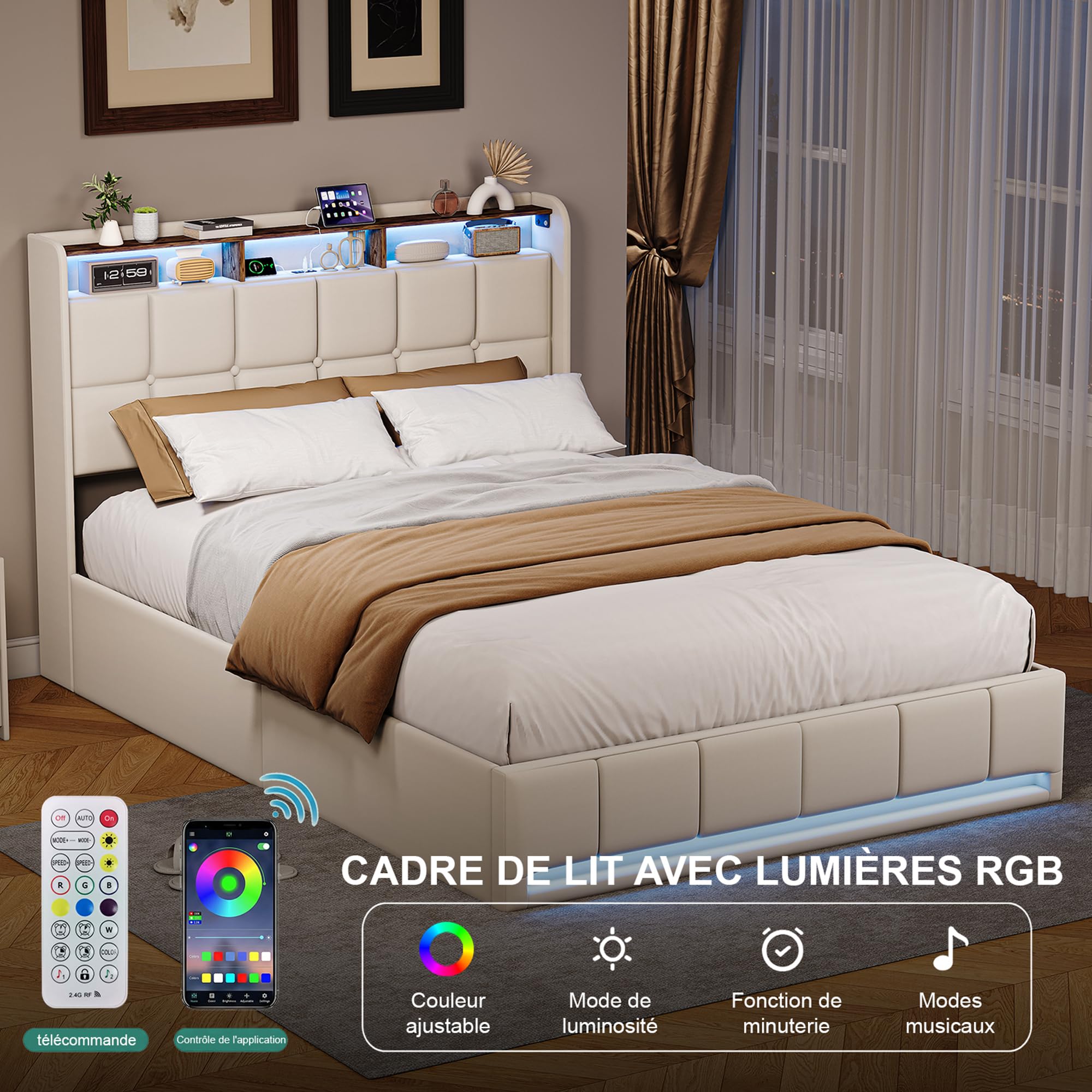 Cama con cajón 140 x 200 con LED, cama de matrimonio tapizada con somier de listones y compartimento de almacenamiento, cabecero doble, cama de matrimonio para adultos y adolescentes, sin