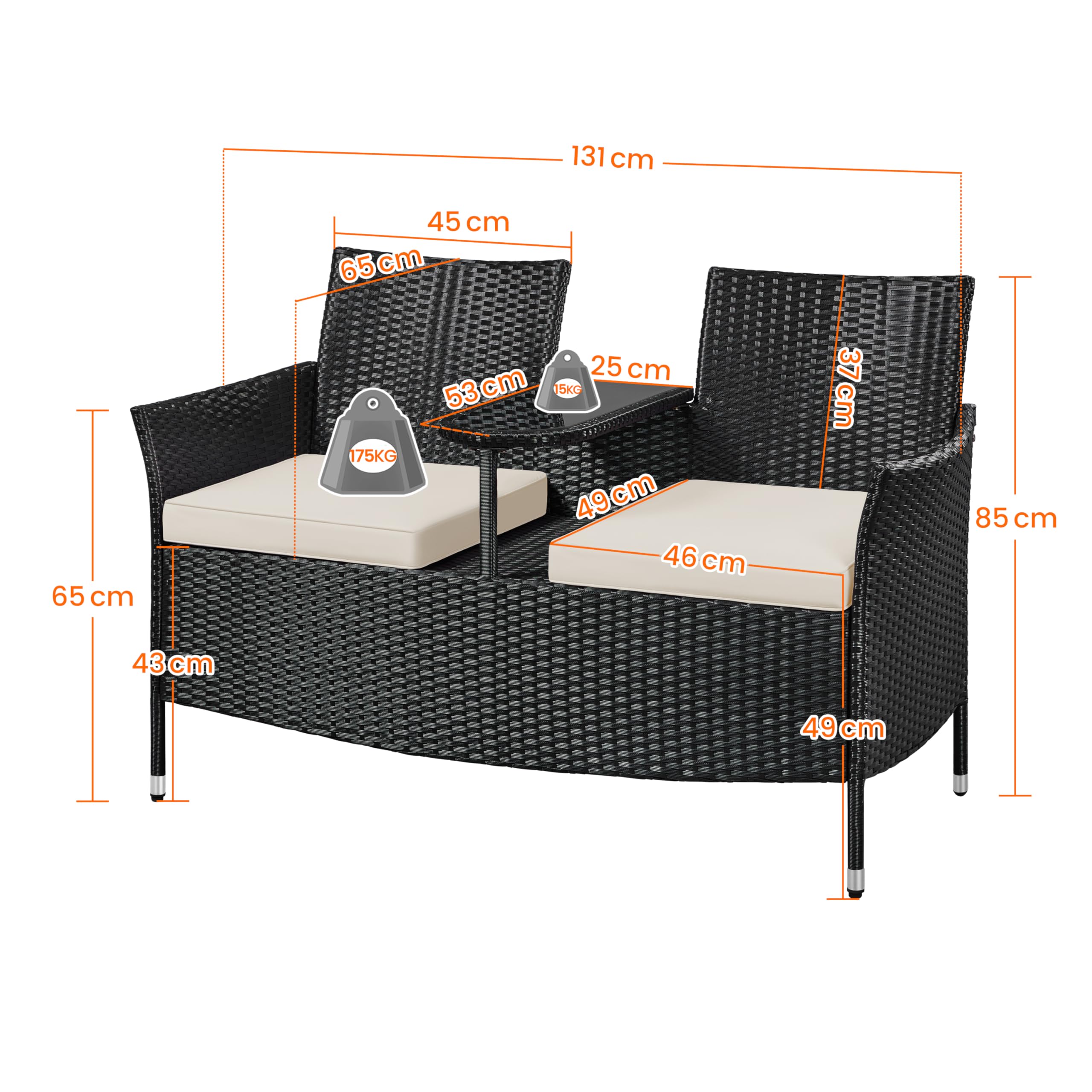 Polyrotan bank met tafel MCW-E24, tuinbank zitgroep tuinset, 132 cm ~ zwart, kussens crème