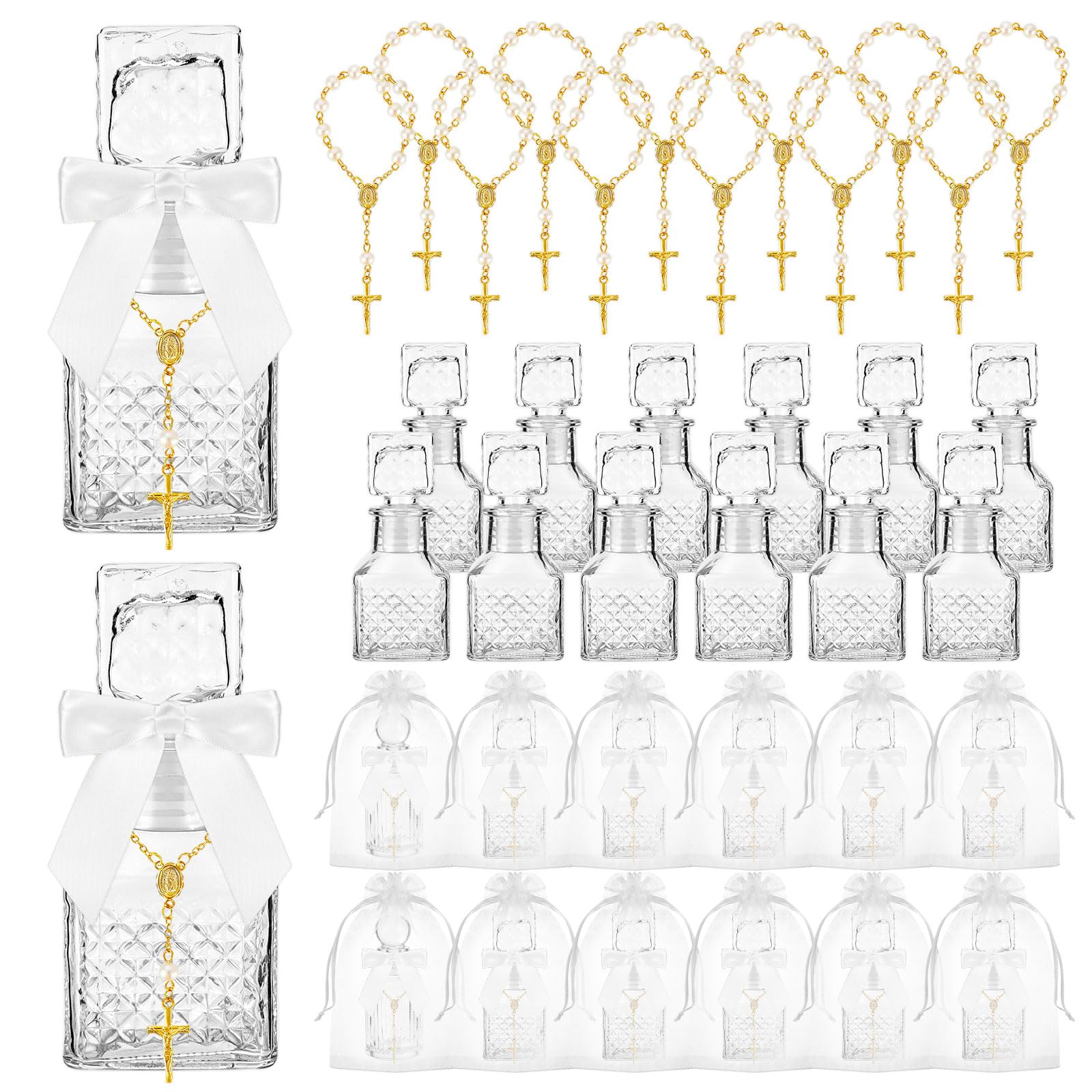 12 Sets Holy Water Bottles Baptism Favors First Communion Gifts for Guest, 50ml Glass Empty Container with Cross Rosaries Bows Organza Bags, Bulk Party Souvenirs for Catholic Christian Church Wedding