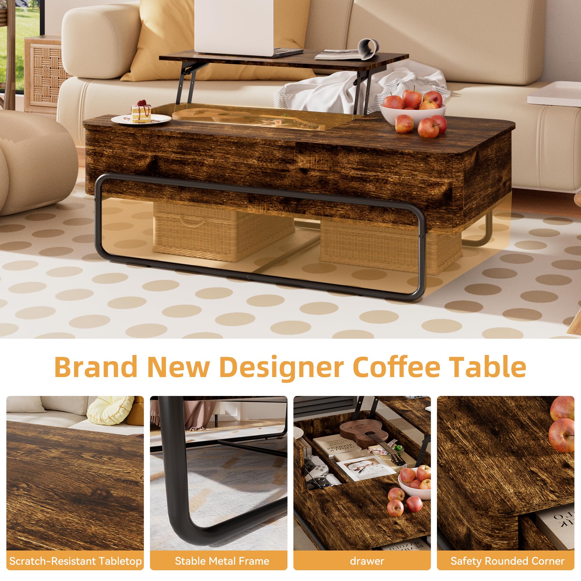 Tavolino da Salotto con Piano Sollevabile – Tavolino da Caffè Industriale con 3 Scomparti, Cassetto Estraibile, Contenitore Nascosto, ideale per Soggiorno, Piccoli Spazi e Home Office
