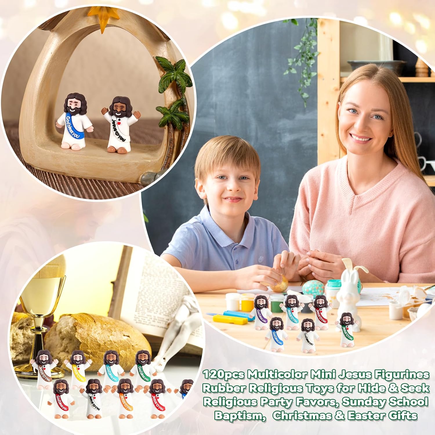 120pcs Little Jesus Figures in Bulk, Multicolor Mini Jesus Figurines Rubber Toys to Hide and Seek for Religious Party Favors , Sunday School Baptism, Christmas, Easter Egg Gifts for Kids, Man, Woman