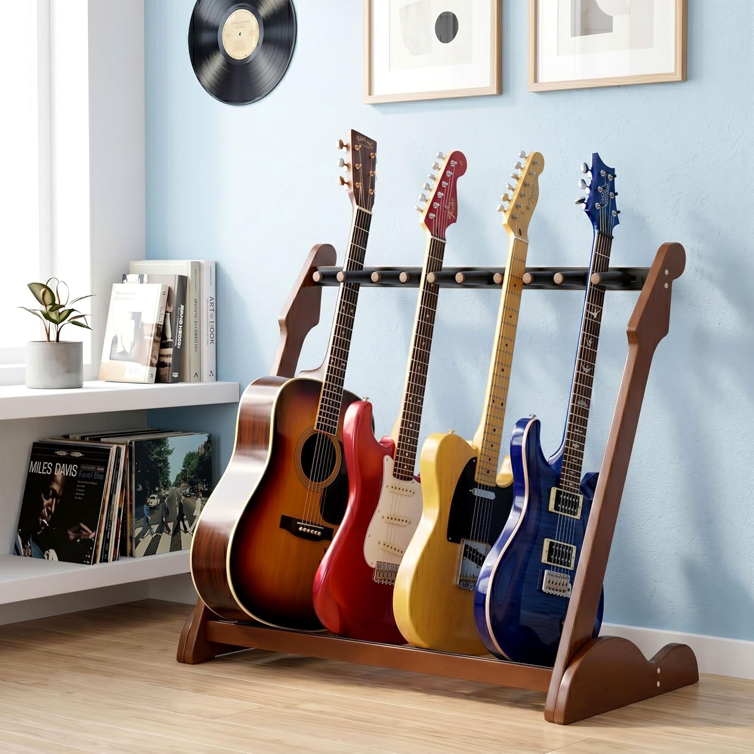 Guitar Stand Rack, Multi-Guitar Display Rack Adjustable Bamboo Guitars Holder Electric Guitar Stands Floor Storage for Bass Acoustic, Home Studio, Band Stage (Walnut-B)