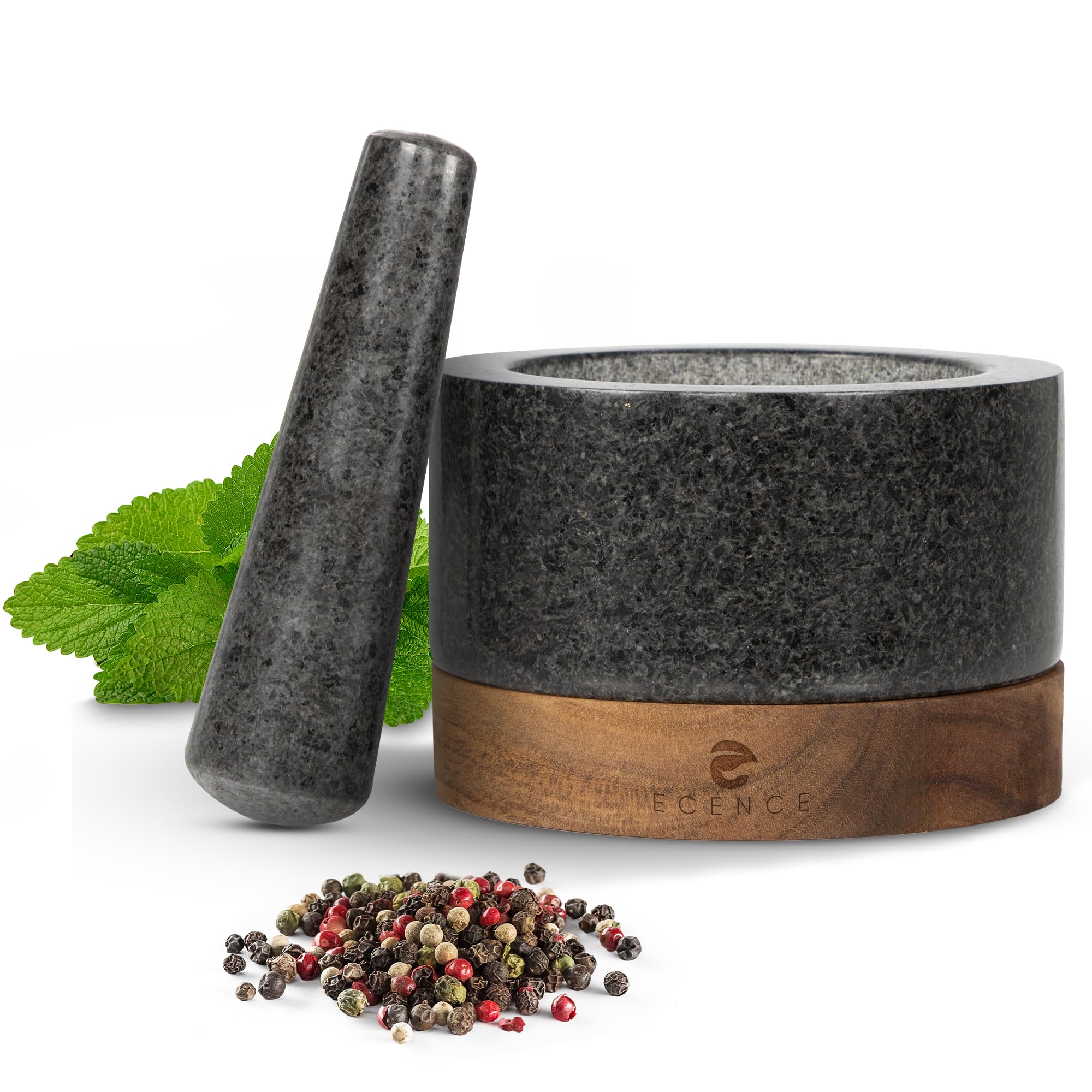 ECENCE Mortero Cocina en Madera de Acacia y Granito - Mortero y Maja Sólido para Especias para un Machacado Perfecto - Mortero Piedra Grande Ø11cm