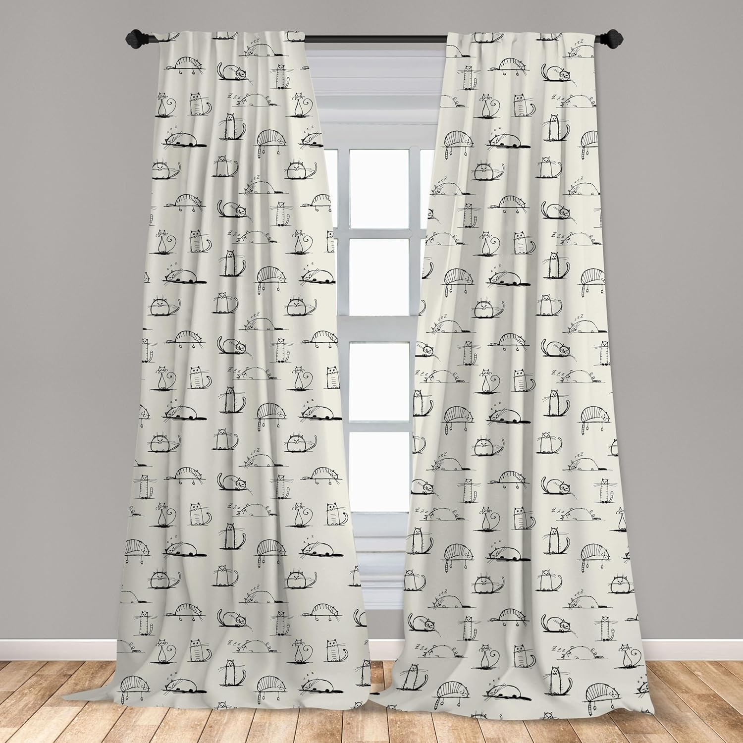 Lunarable Pet Window Curtains, Funny Cat Characters Sketch Art Style Friendly Playful Kitties Lazy Fluffy Animals, Lightweight Decor 2-Panel Set with Rod Pocket, Pair of - 28" x 63", Beige Black