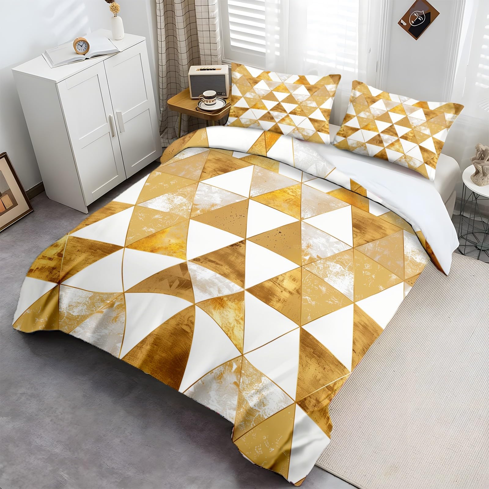 Funda Nordica para Cama 150 220x240 cm Cuadrícula Geométrica Amarilla 3D Funda de Polialgodón para Edredón con 2 Fundas para Almohada 50x75 cm, Suave y Transpirable Juego de Funda Nordica
