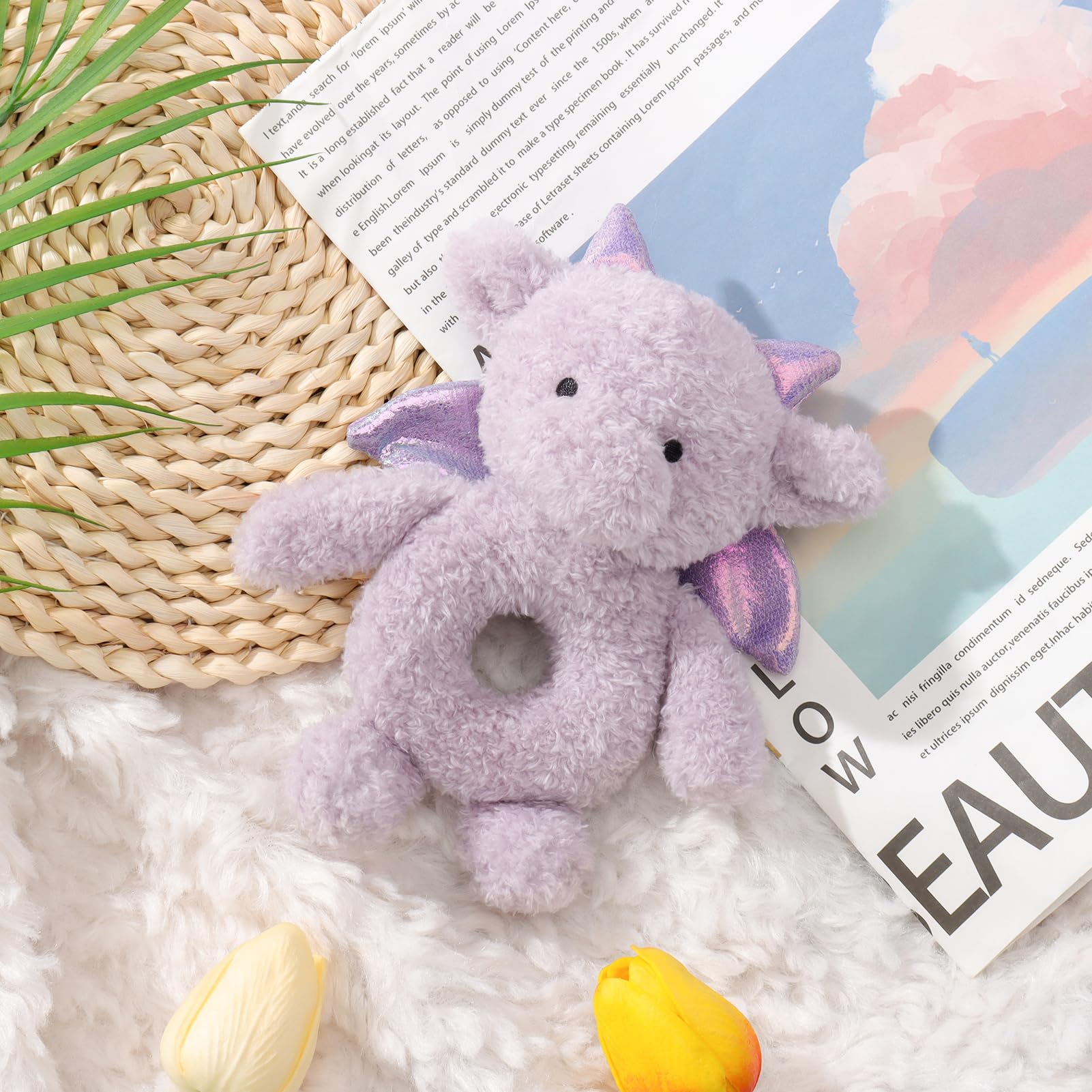 Apricot Lamb Purple Dragon Soft Baby Rattle for Boys and Girls, Plush Stuffed Animal Rattle Toy Lovey for The Newborn, 0-3 Months, 0-6 Months and Above