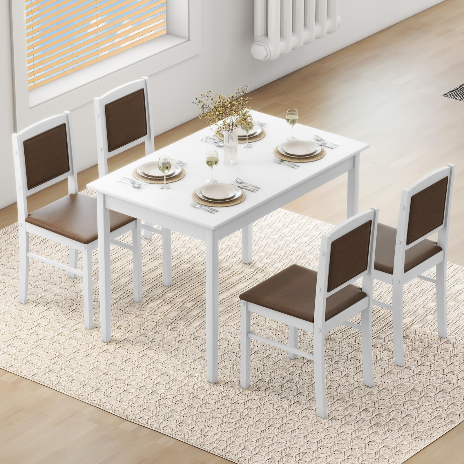 NAFORT Dining Table Set for 4, Farmhouse Kitchen Table and Chairs Set of 4, Mid-Century Modern Rectangular Dining Room Table with Cushion Padded Seat,